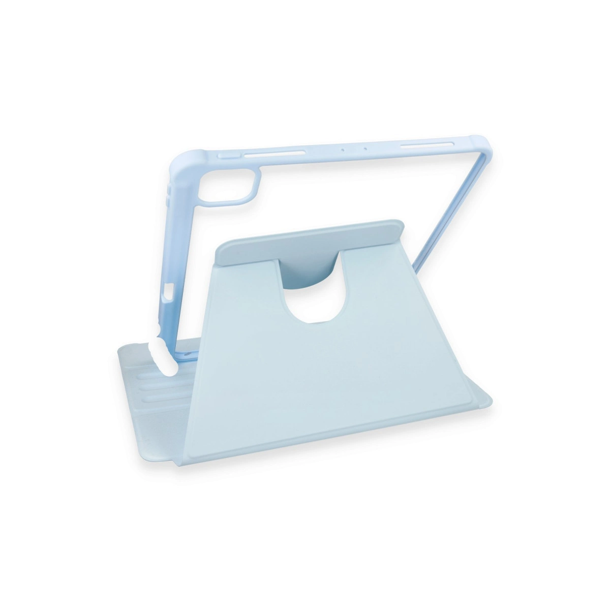 Eşleşen kılıfı olan açık mavi tablet standı.
