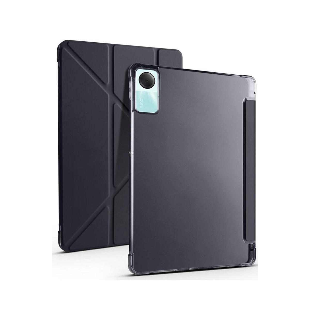 Şeffaf tablet kılıflı koyu renk tablet standı.