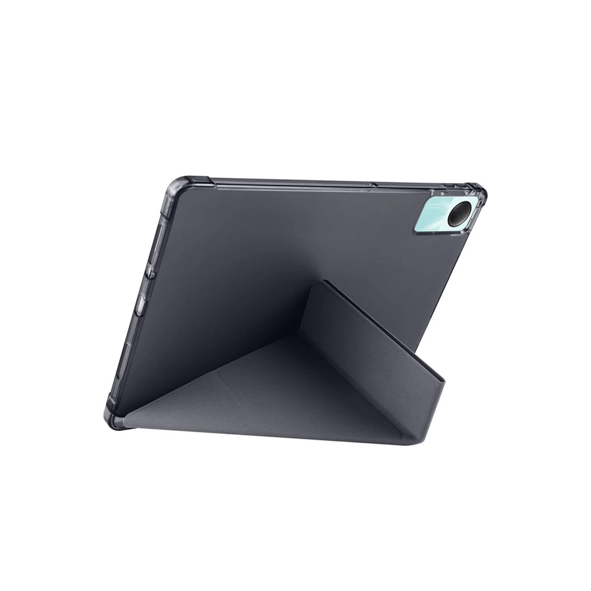 Şeffaf kılıflı koyu gri tablet stantlı, arkada kamera modülü görünüyor.