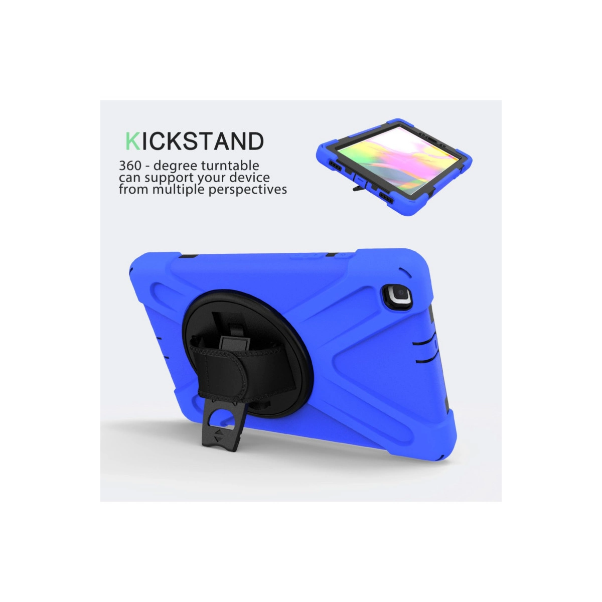 Entegre stantlı ve tutamaklı mavi tablet kılıfı.