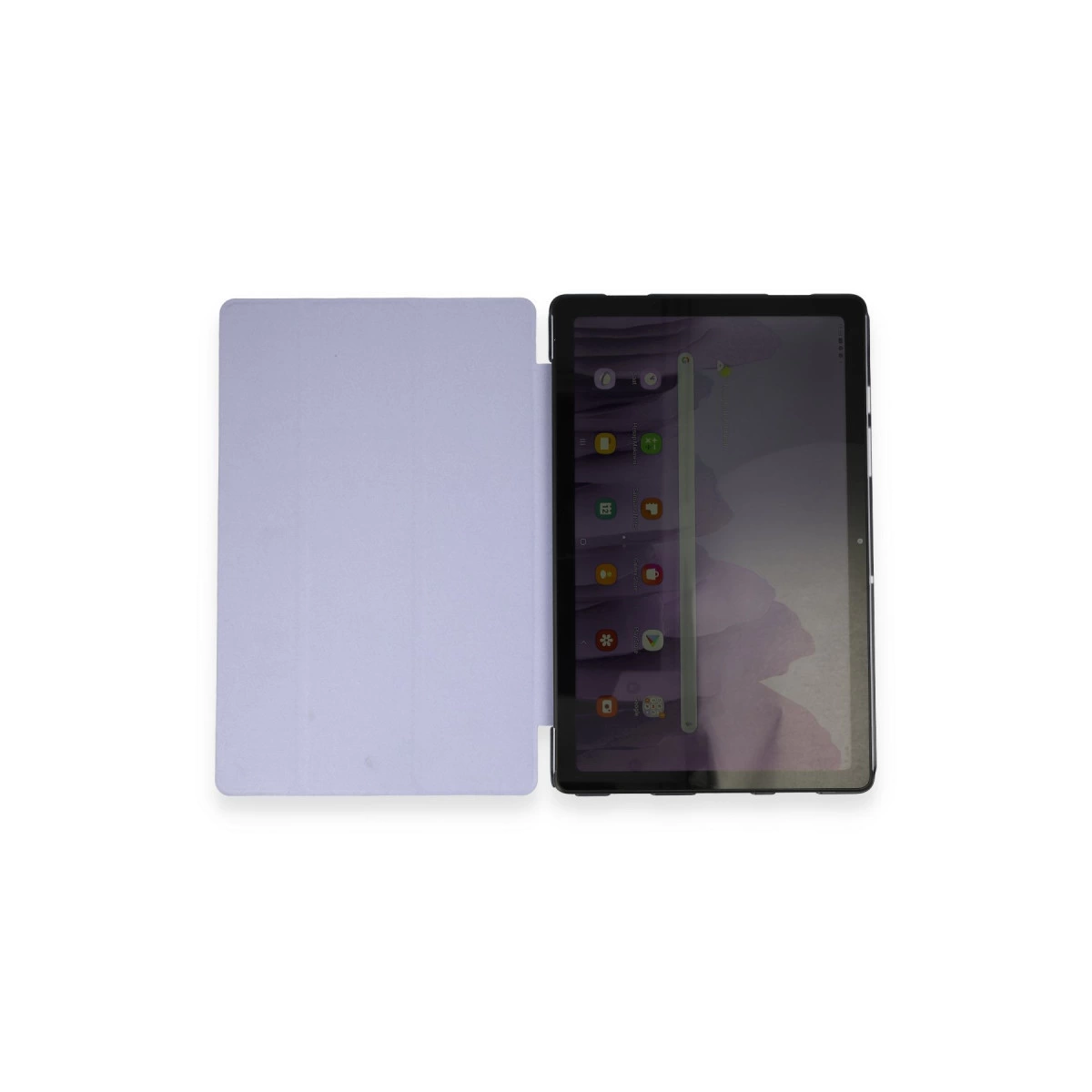 Açık mor tablet açık kılıfıyla. Ekran uygulama simgeleri gösteriyor.