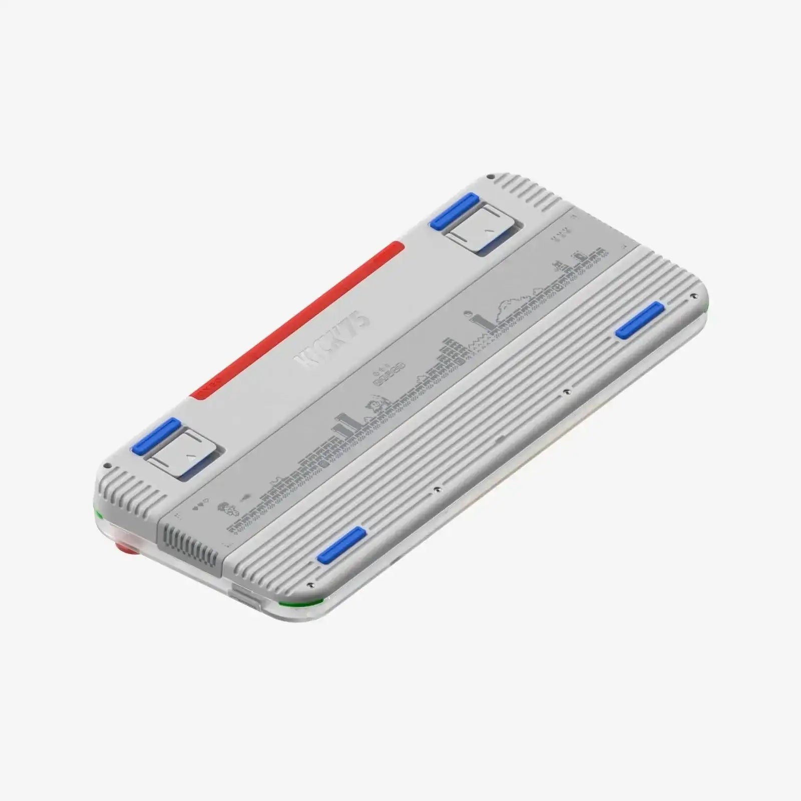 Szara klawiatura z czerwonymi i niebieskimi akcentami, design pixel art.