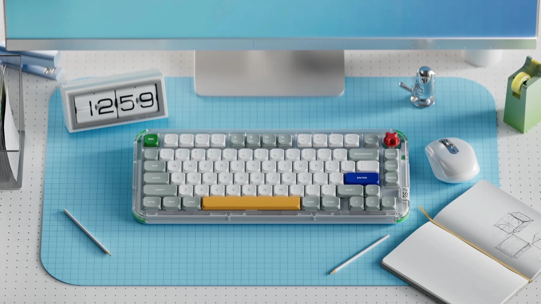 Biurko z klawiaturą, myszą, zegarem i notatnikiem.