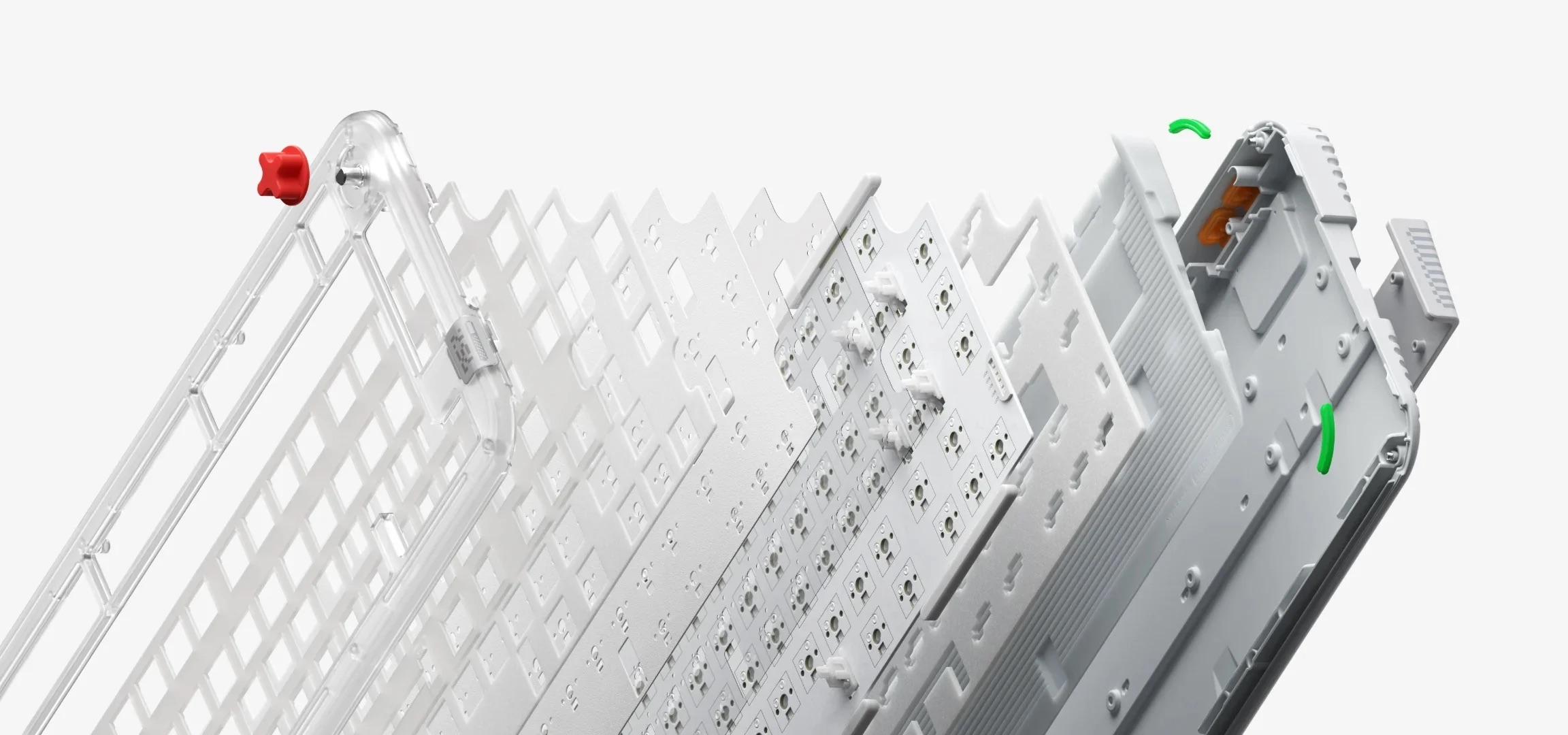 Widok rozłożony klawiatury z przezroczystą obudową, płytką drukowaną i przełącznikami.