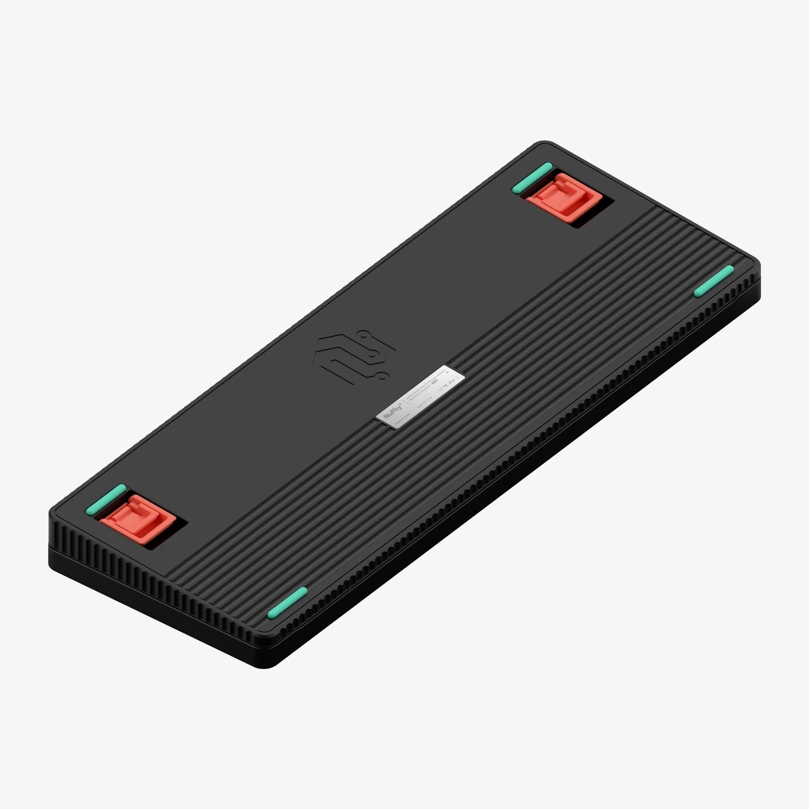 Czarna podstawa klawiatury z prążkowaną teksturą, czerwono-turkusowymi akcentami na rogach.