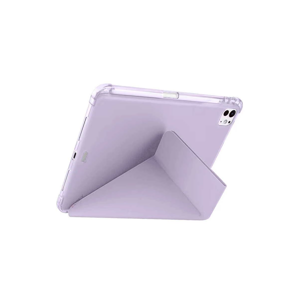 Beyaz arka planda şeffaf kılıflı, stantlı mor tablet.