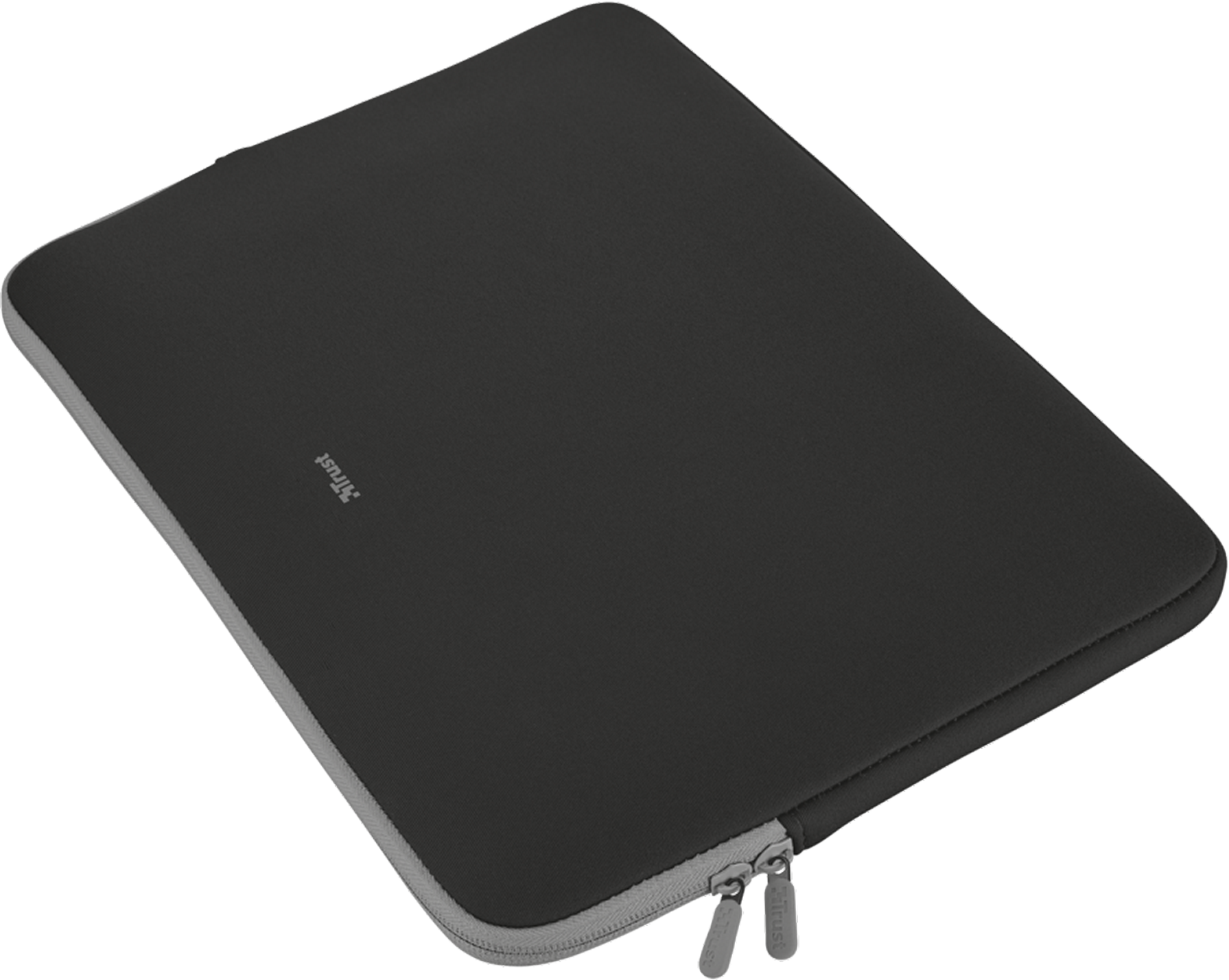Een zwarte laptoptas met rits en grijze bies. Het 'Trust'-logo is zichtbaar.