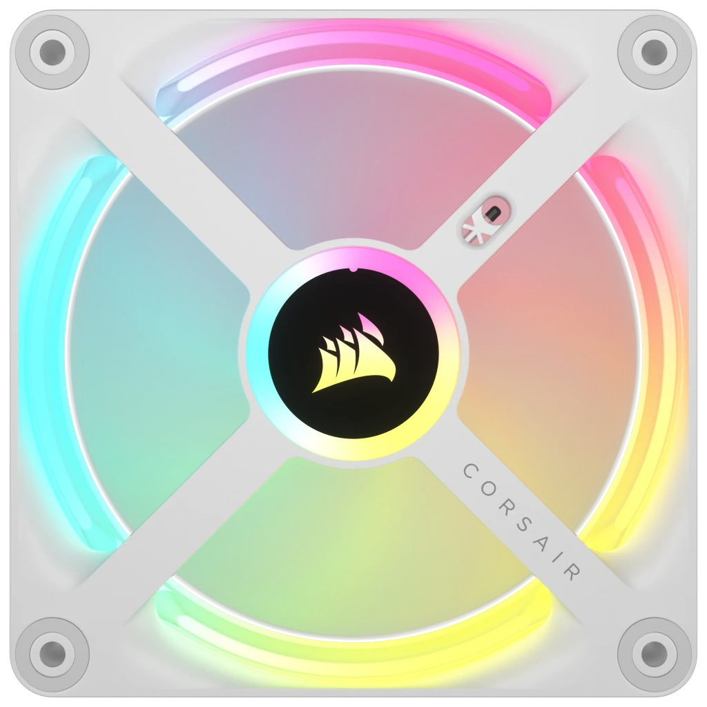 Weißer Corsair-Lüfter mit RGB-Beleuchtung in Gelb-, Pink- und Cyantönen.