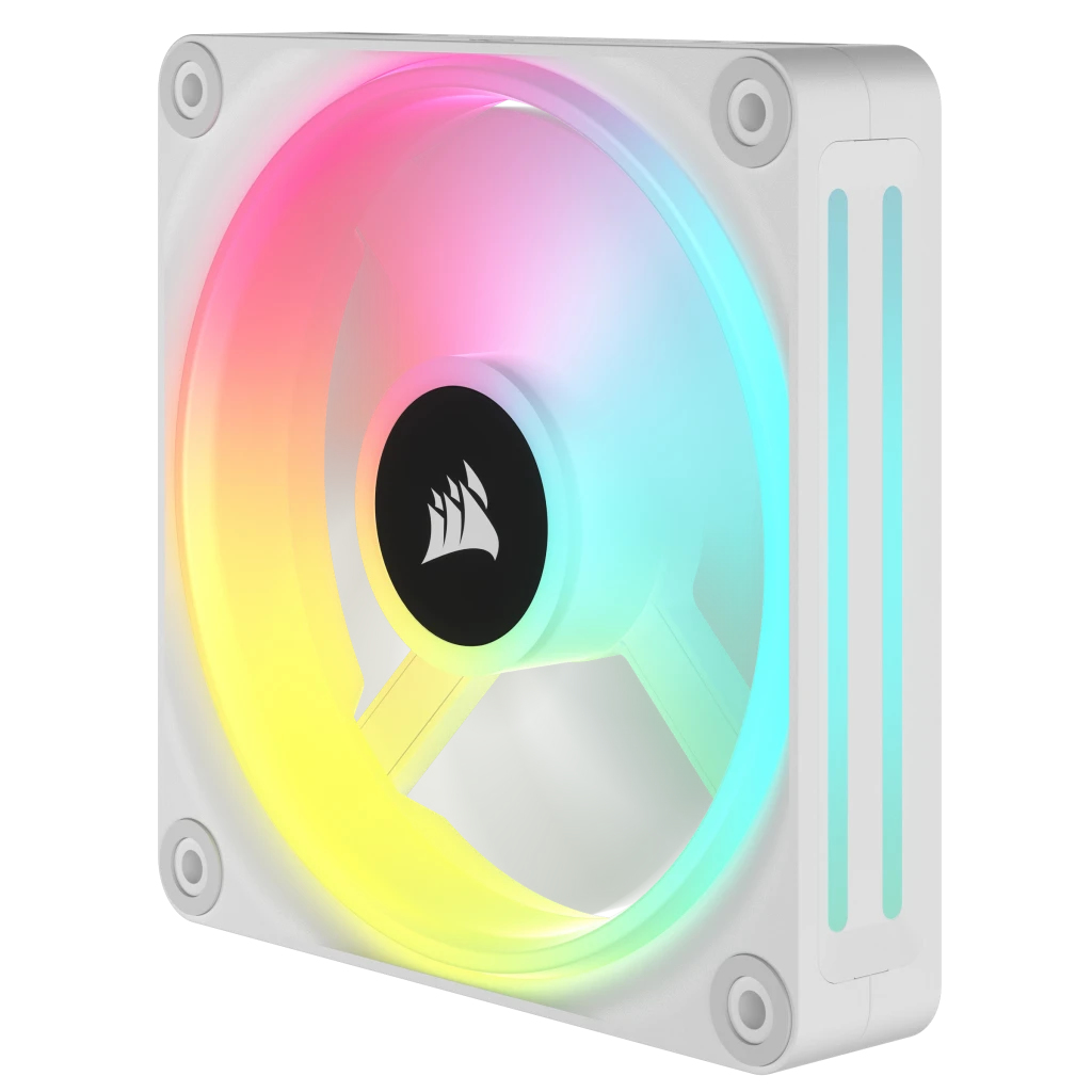 Ein weißer Computerlüfter mit RGB-Beleuchtung, der Gelb-, Rosa- und Türkistöne zeigt.
