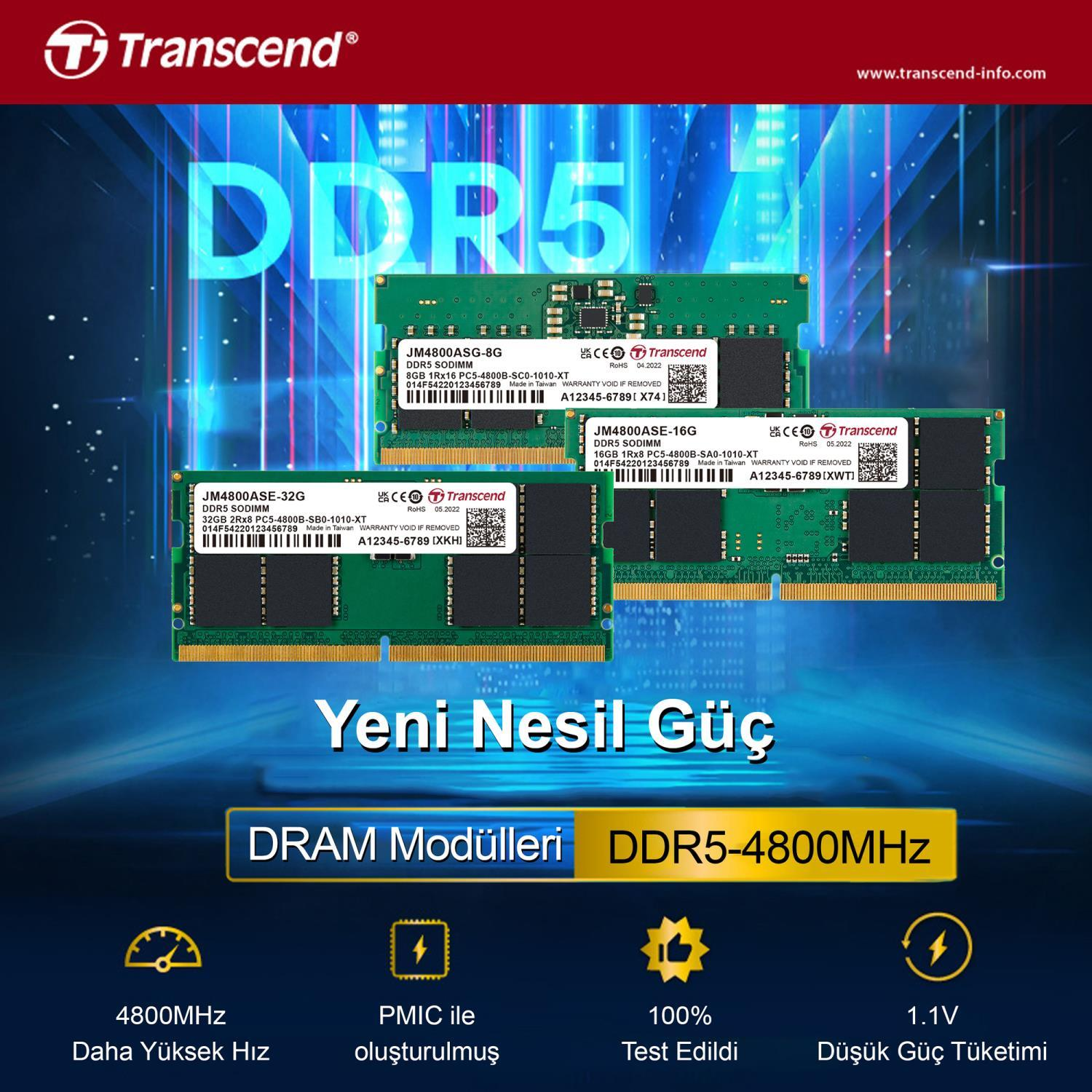 Modules RAM Transcend DDR5 : 8Go, 16Go, 32Go SODIMM, 4800MHz.