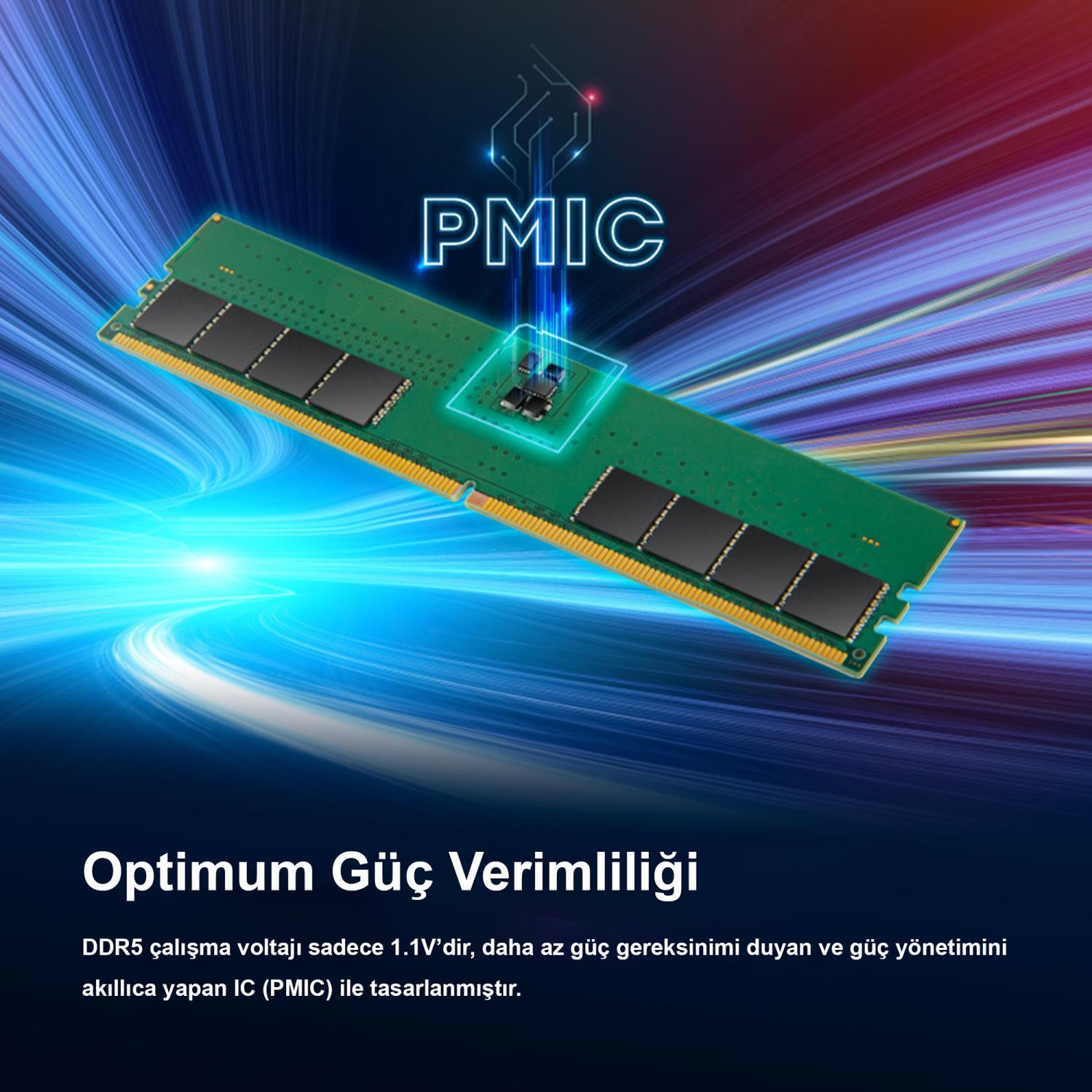 Module RAM vert avec puce PMIC sur fond bleu avec traînées lumineuses.