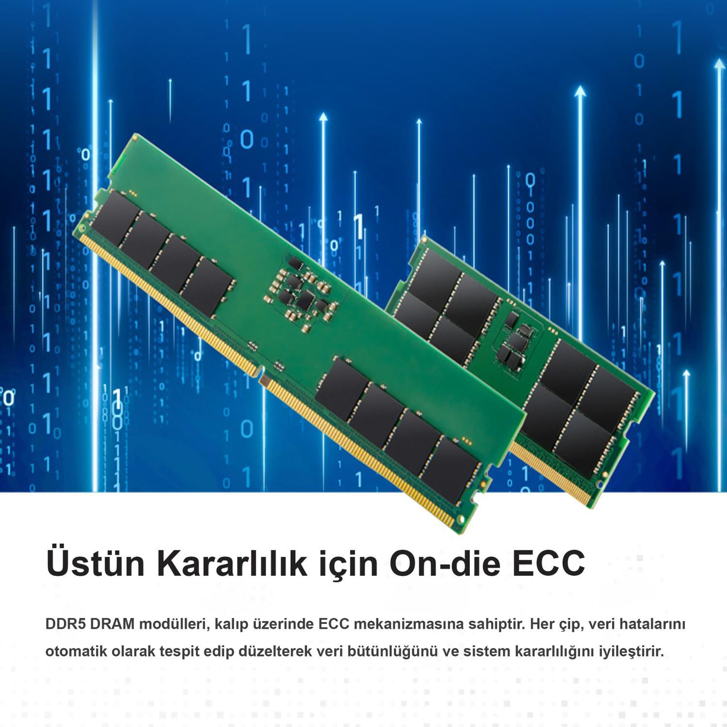 Deux modules RAM DDR5 verts avec des puces noires, sur fond bleu avec des lignes numériques.
