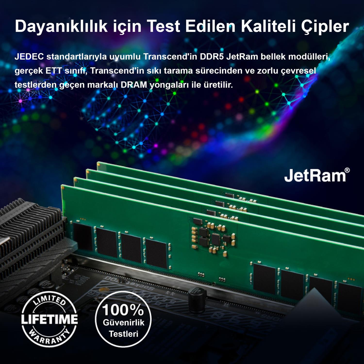 Modules RAM DDR5 verts avec puces noires sur une carte de circuit imprimé. Sceaux "Garantie à vie limitée" et "100% Tests de fiabilité".