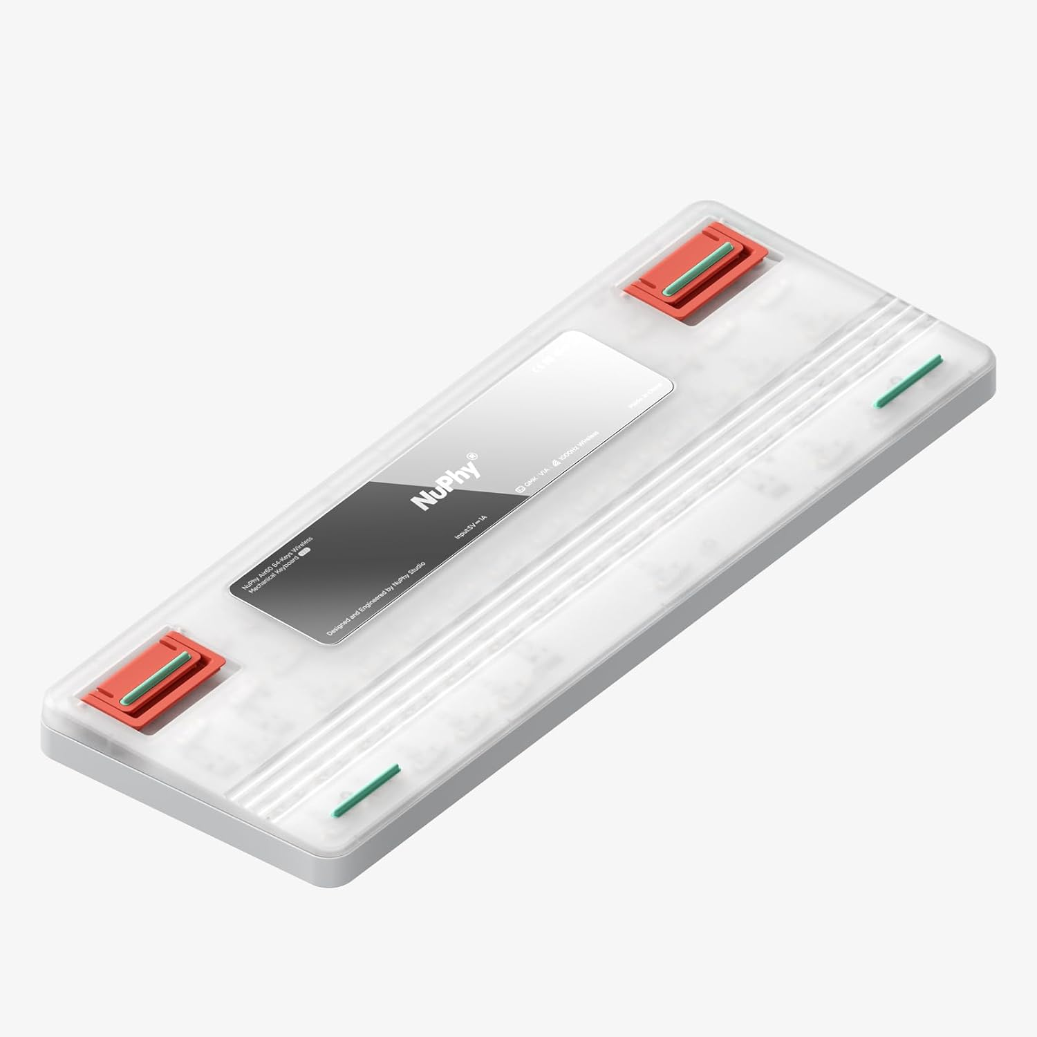 Biała obudowa bezprzewodowej klawiatury mechanicznej NuPhy Air60 z pomarańczowymi i zielonymi nóżkami.