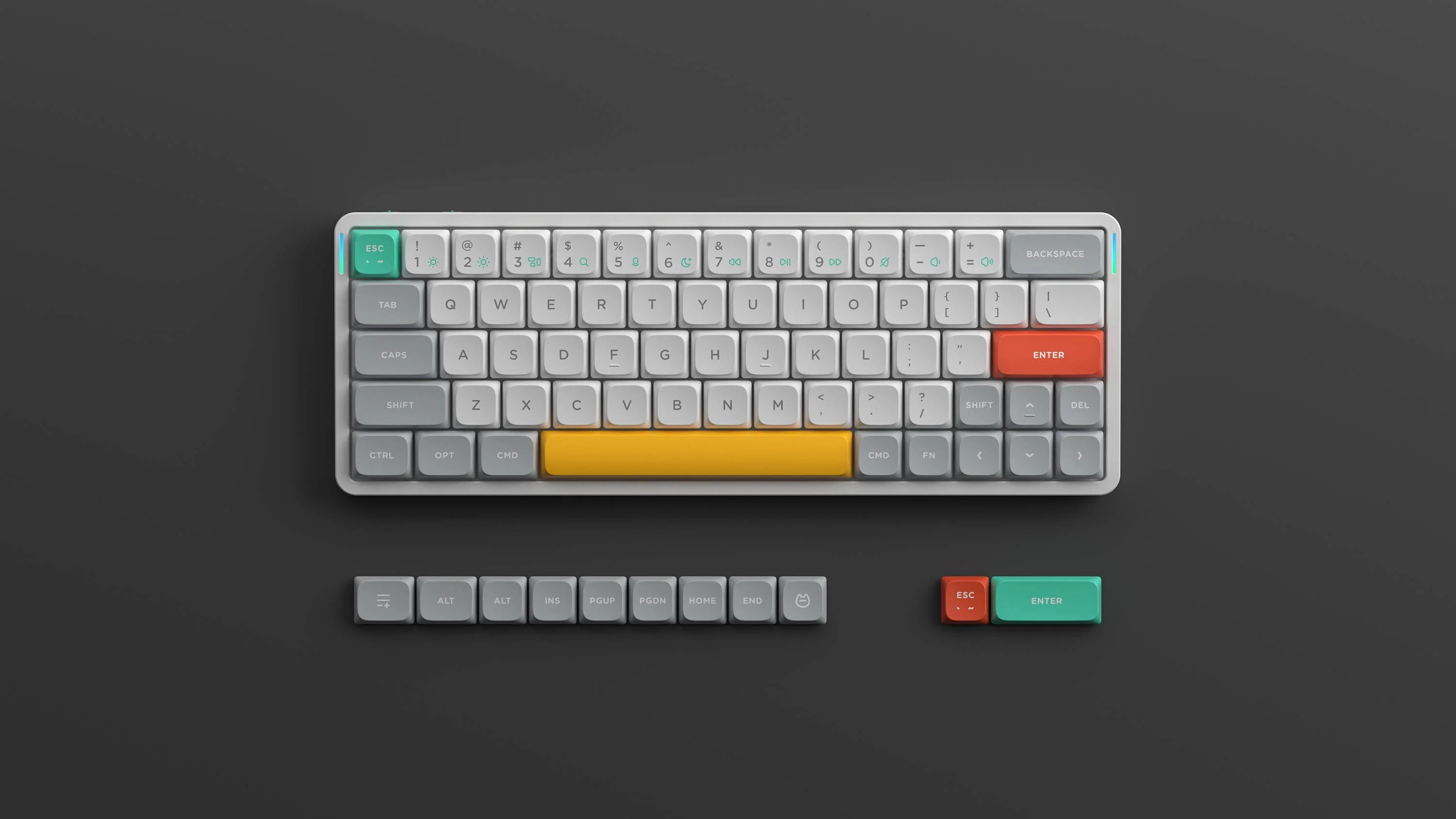 Biała klawiatura z szarymi i kolorowymi klawiszami na ciemnym tle.