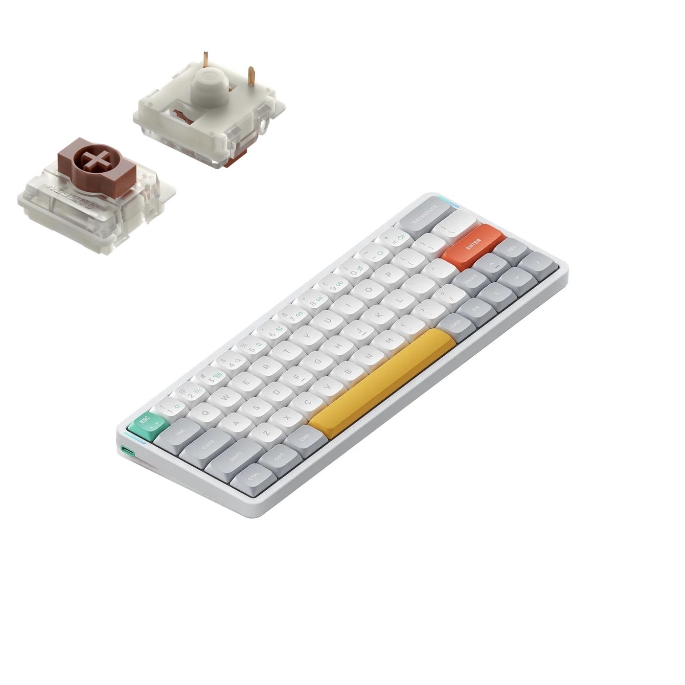Biała klawiatura z szarymi i pomarańczowymi klawiszami oraz dwoma przełącznikami mechanicznymi.