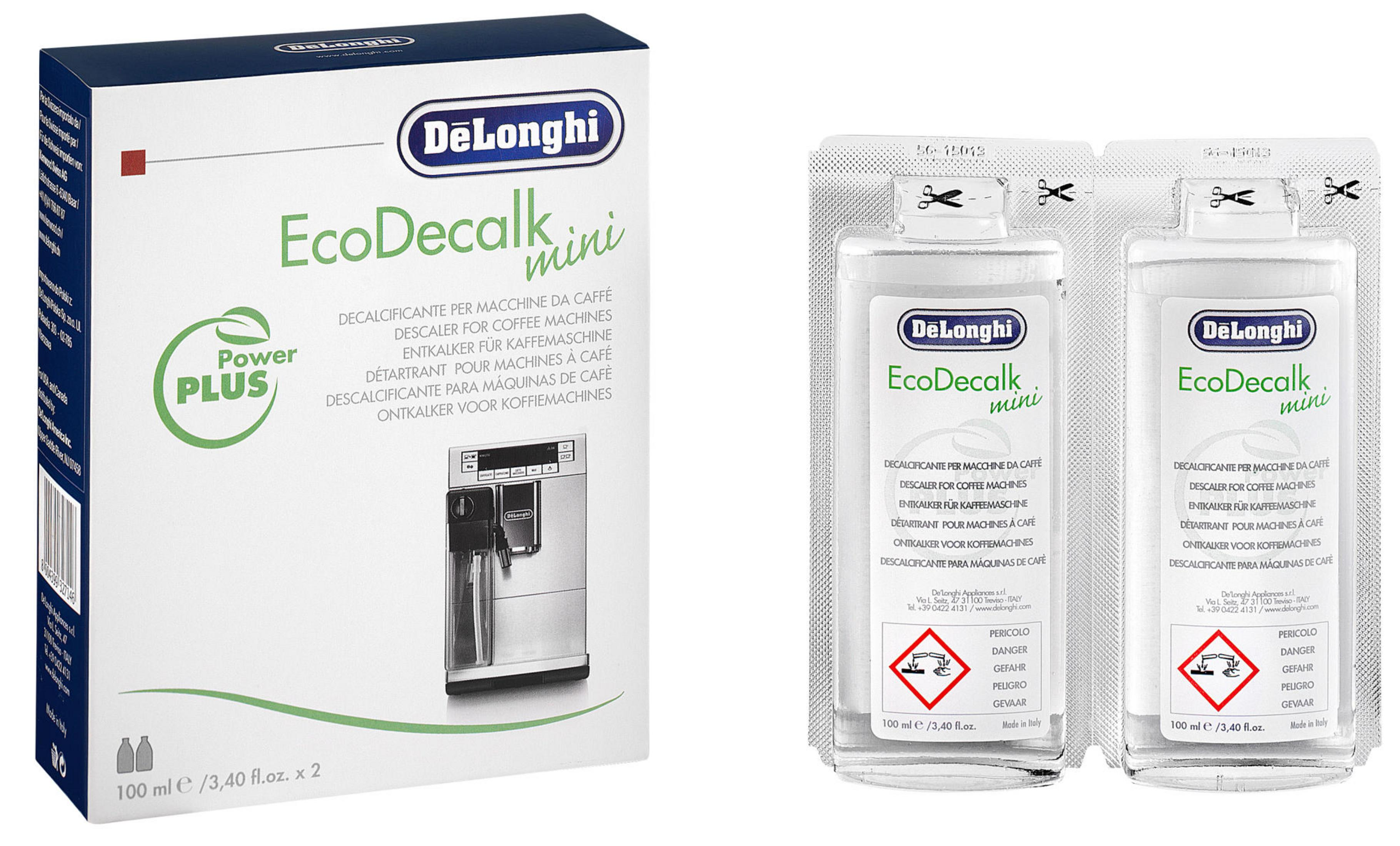 DeLonghi EcoDecalk mini Entkalker für Kaffeemaschinen, 2x100ml. Enthält Kaffeemaschine-Bild.