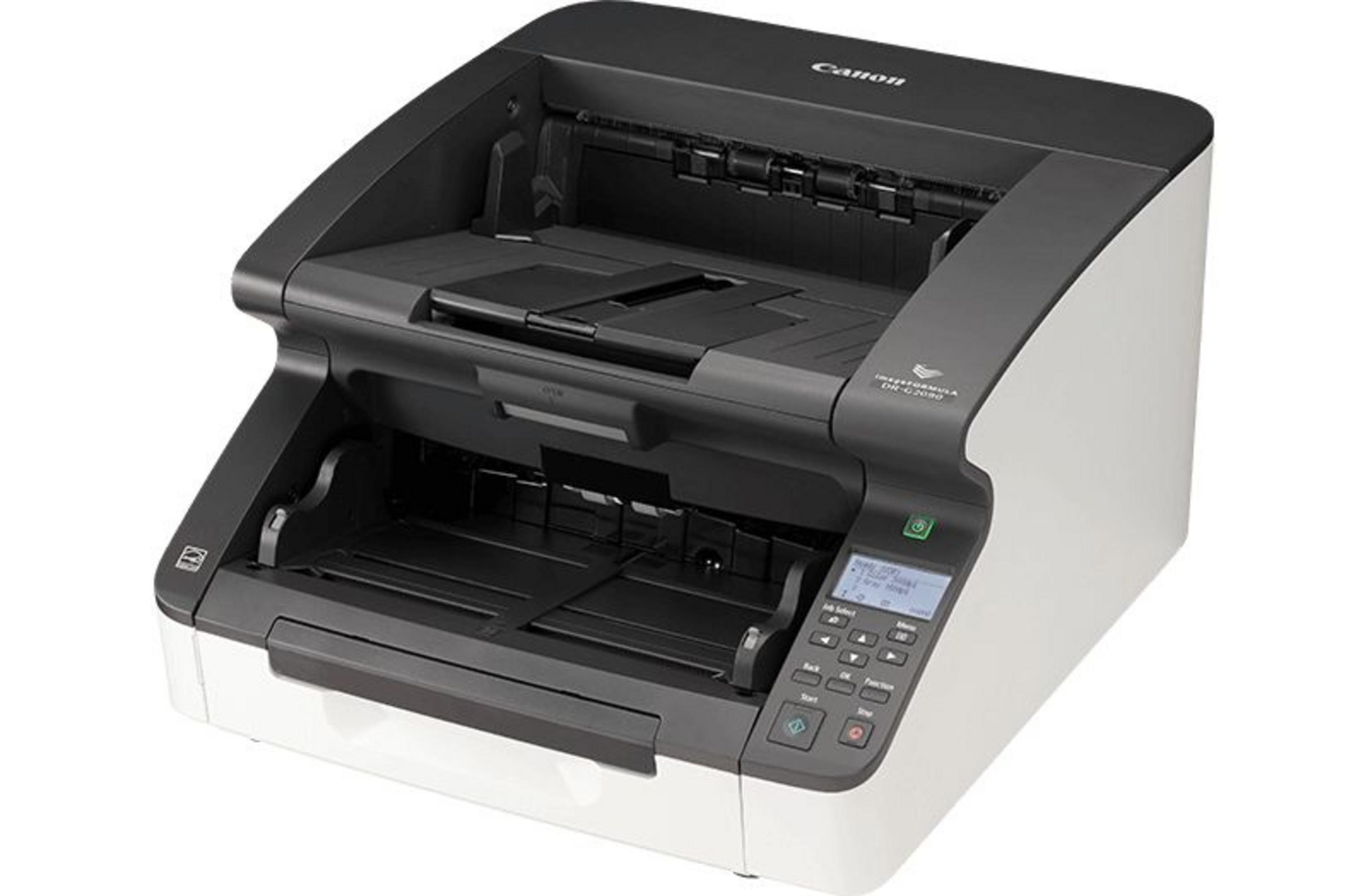 Czarno-biały skaner dokumentów Canon z ekranem LCD i przyciskami.