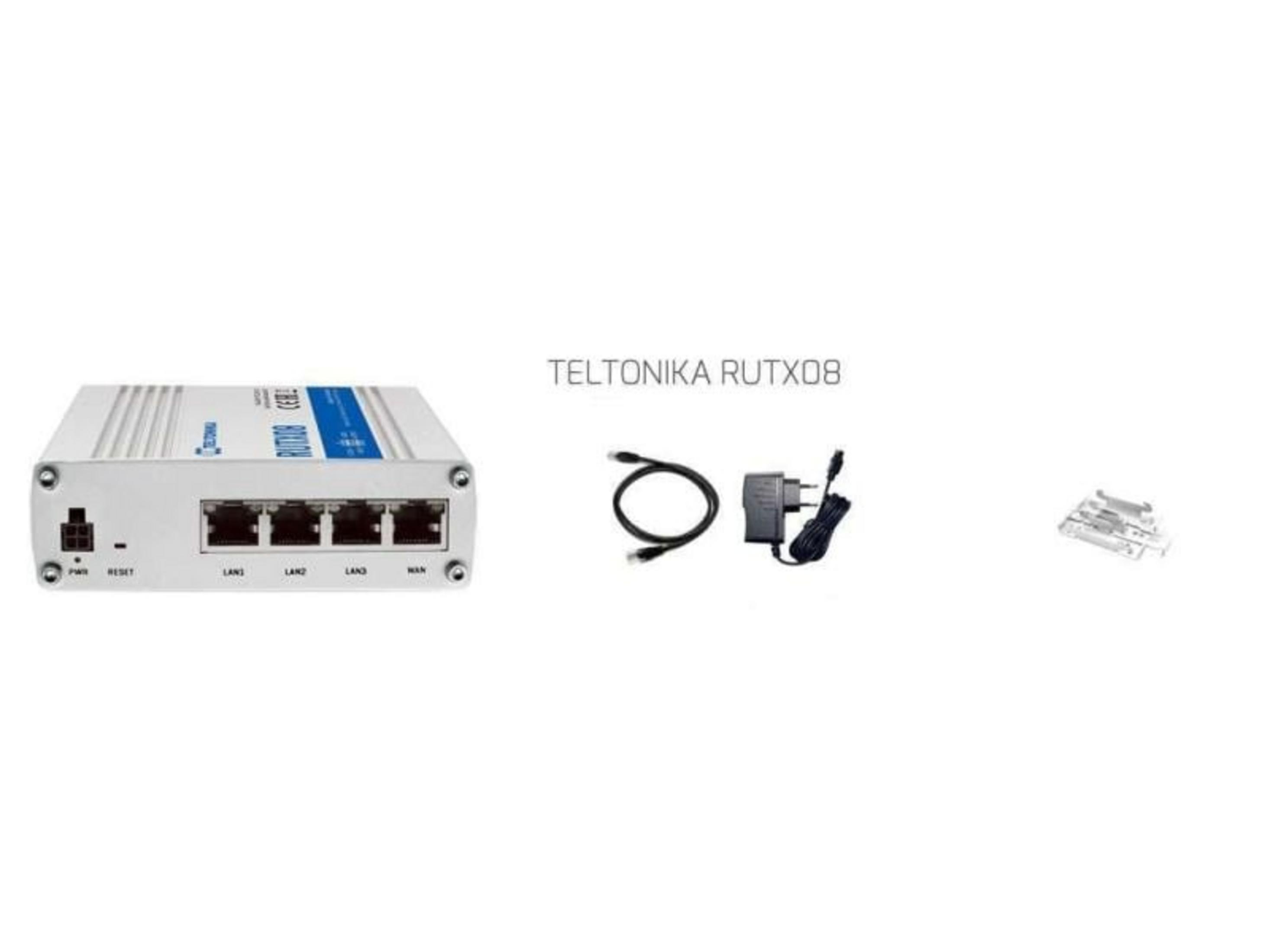 Teltonika RUTX08 router met stroomadapter, kabel en montagebeugel.