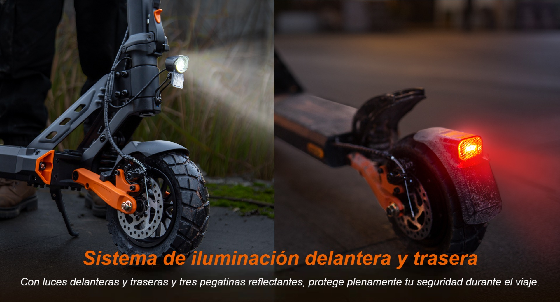 Patinete eléctrico con luces delantera y trasera. Acentos naranjas.