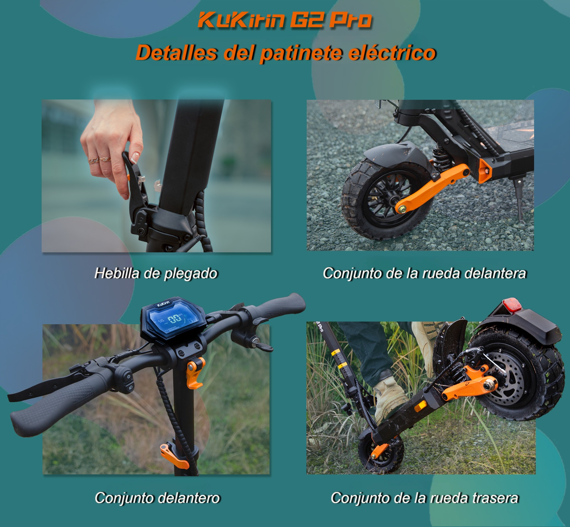Detalles del patinete eléctrico: cierre plegable, rueda delantera, manillar y trasera.