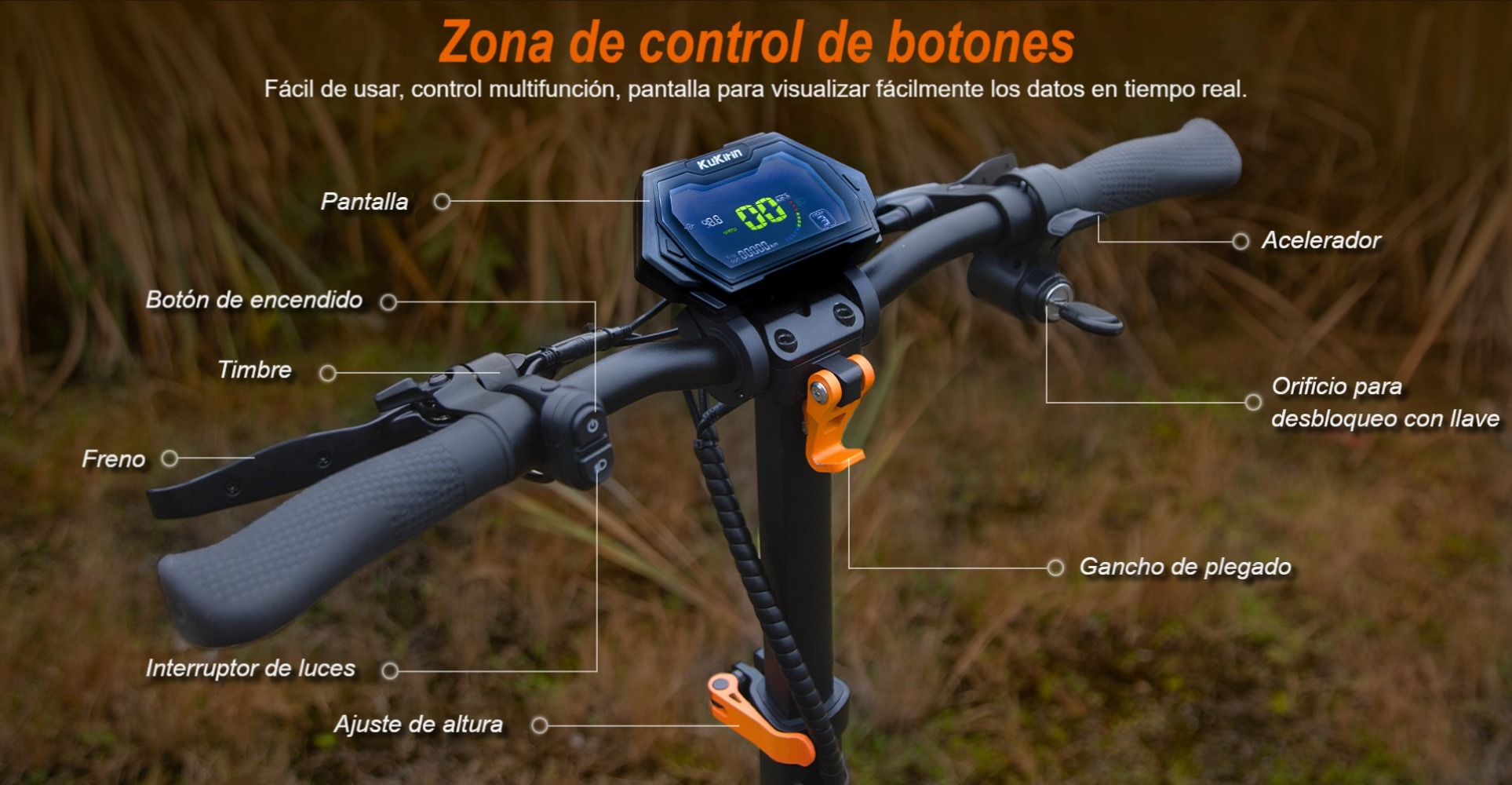 Manillar de patinete eléctrico con pantalla, puños y controles. Vista detallada.
