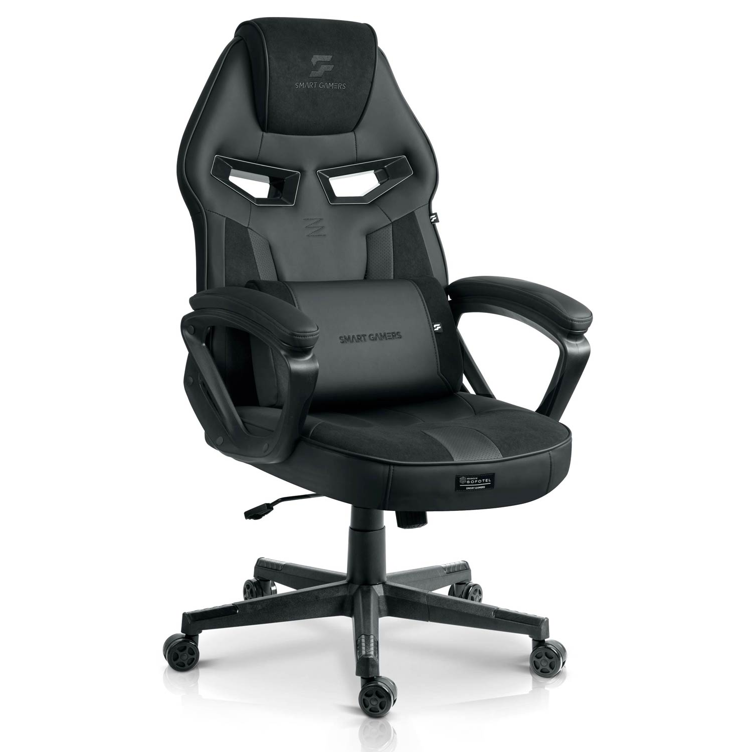 Czarny fotel gamingowy z regulowanym podparciem lędźwi i zagłówkiem.