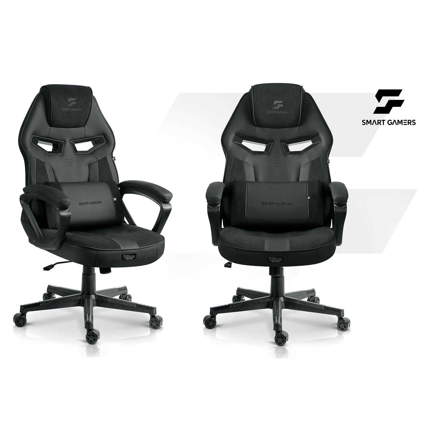 Dwa czarne fotele gamingowe z kółkami i regulowanymi podłokietnikami obok siebie.