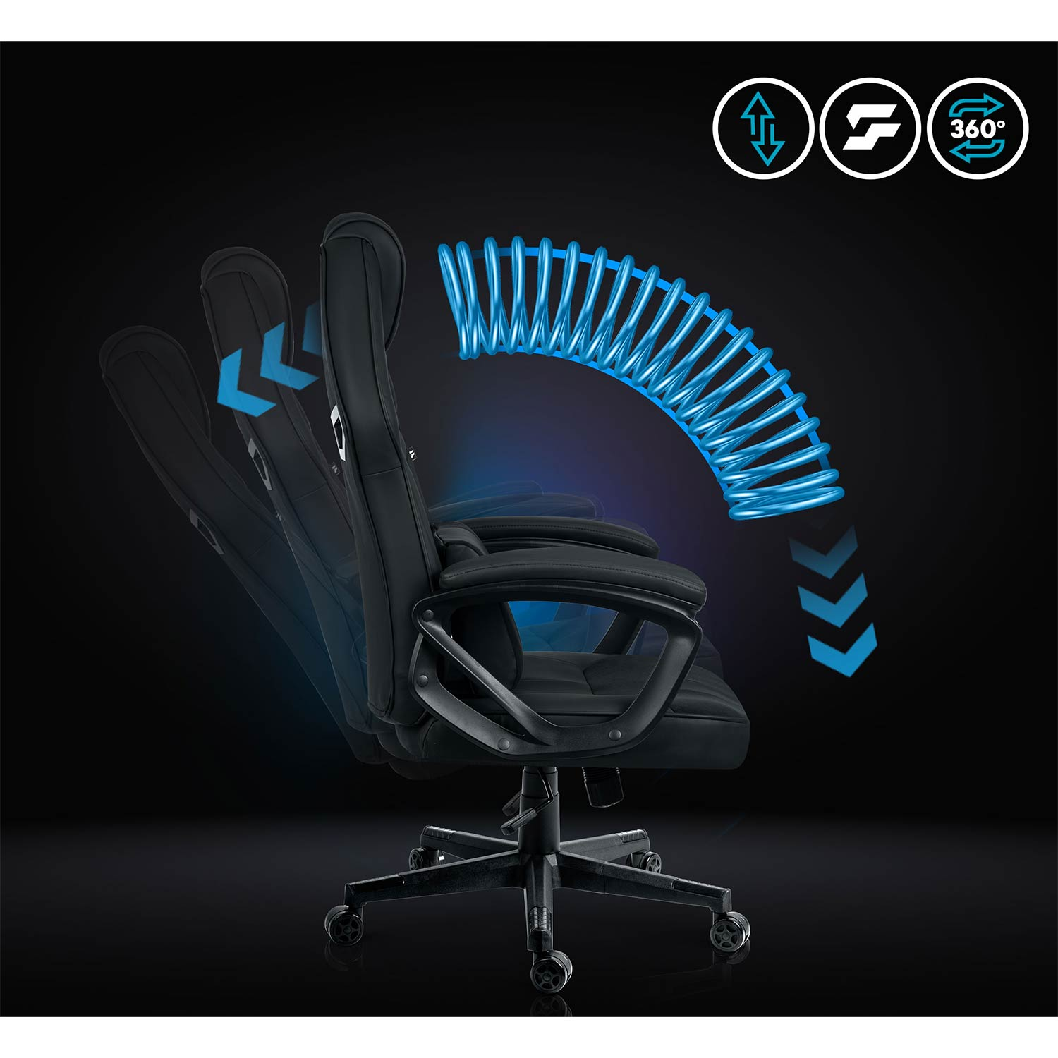 Czarny fotel biurowy z niebieską grafiką sprężyny wskazującą regulację wysokości i obrót 360°.