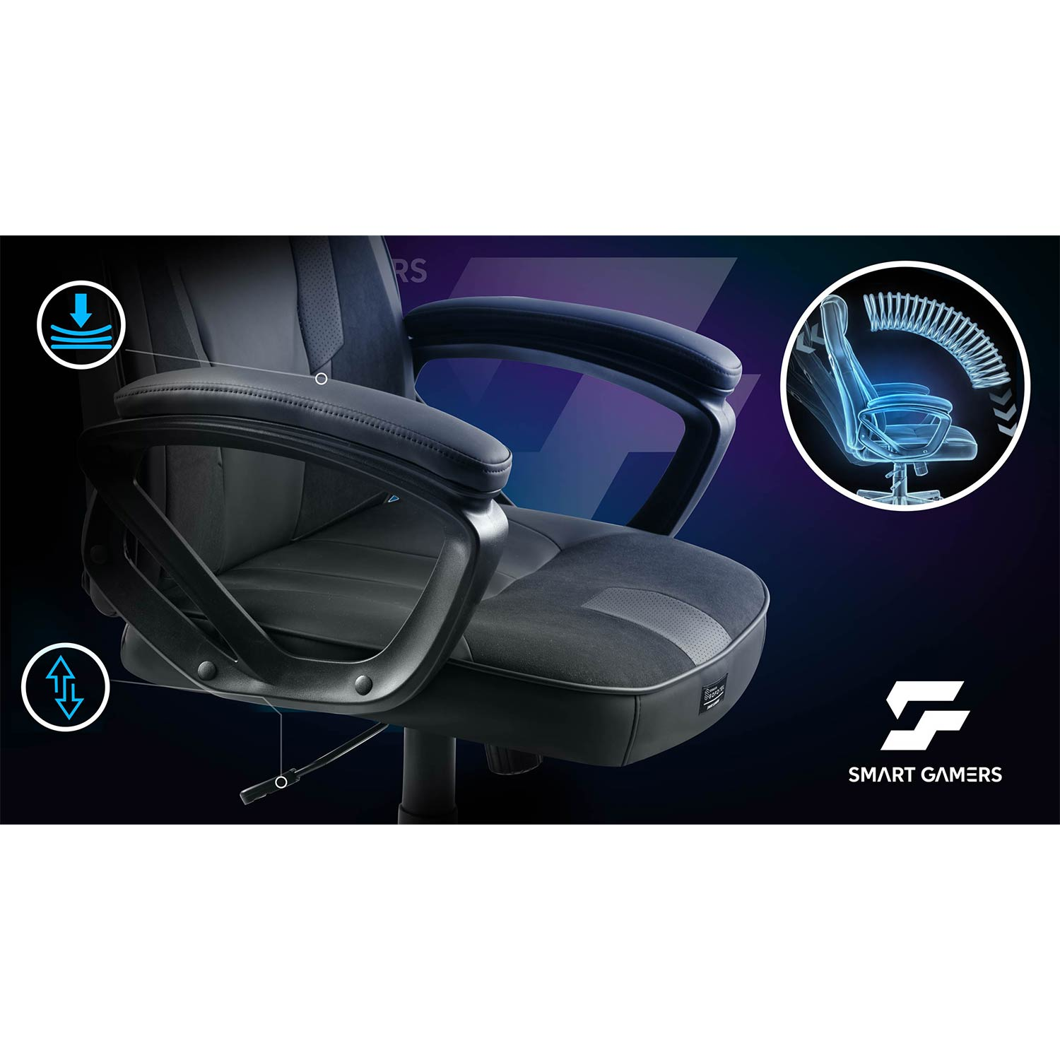 Czarny fotel gamingowy z podłokietnikami i regulacją wysokości.