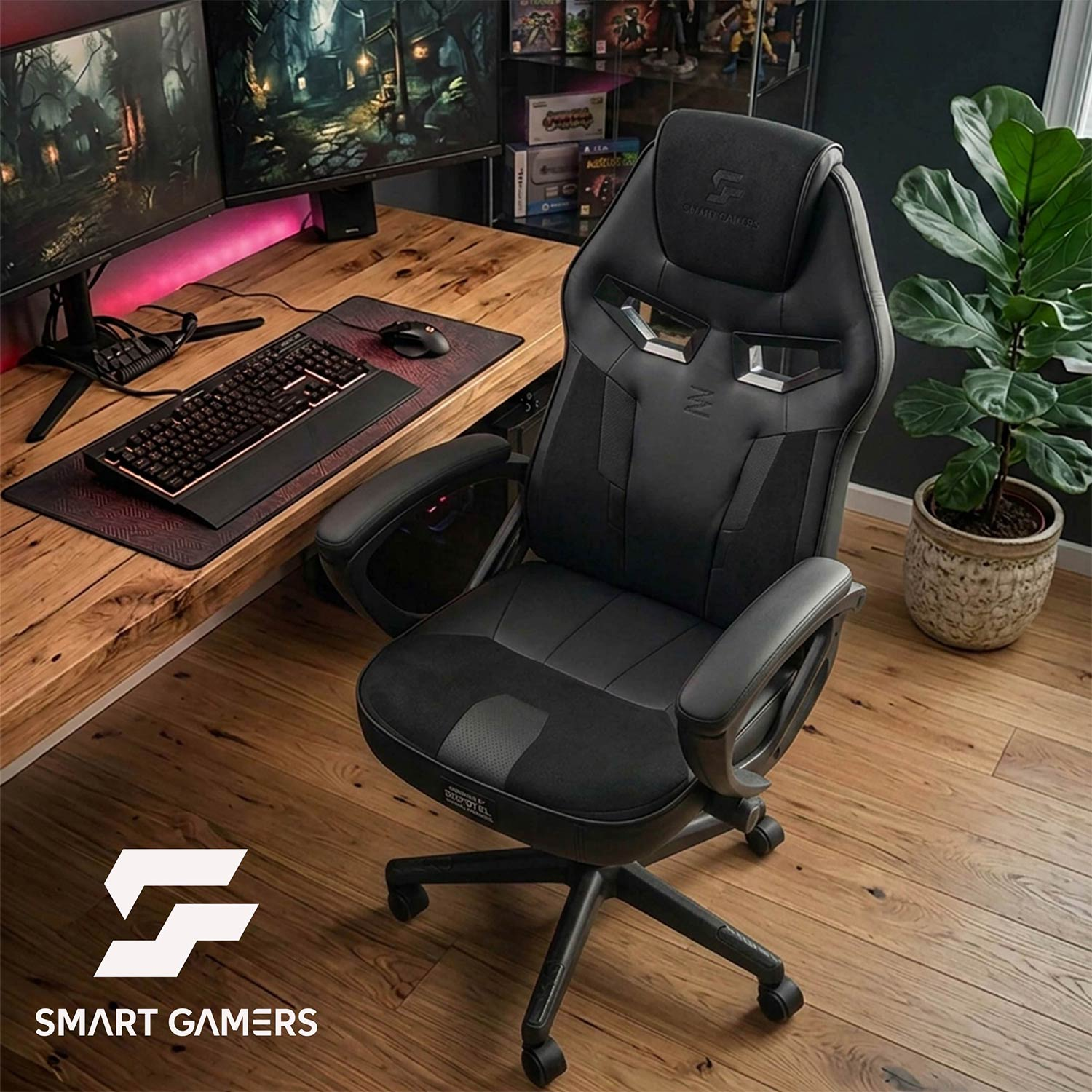 Czarny fotel gamingowy stoi przed biurkiem z dwoma monitorami.