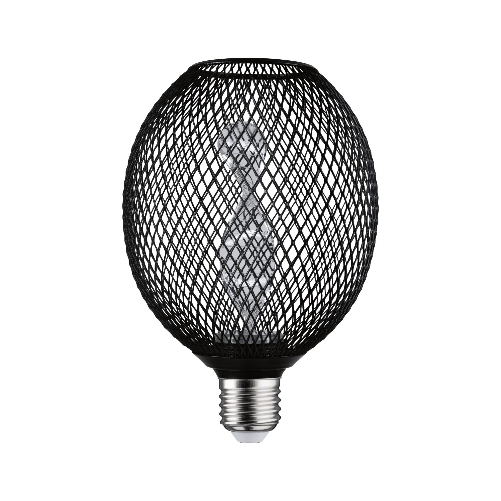 Czarna żarówka z siatki drucianej ze srebrną podstawą, na białym tle.