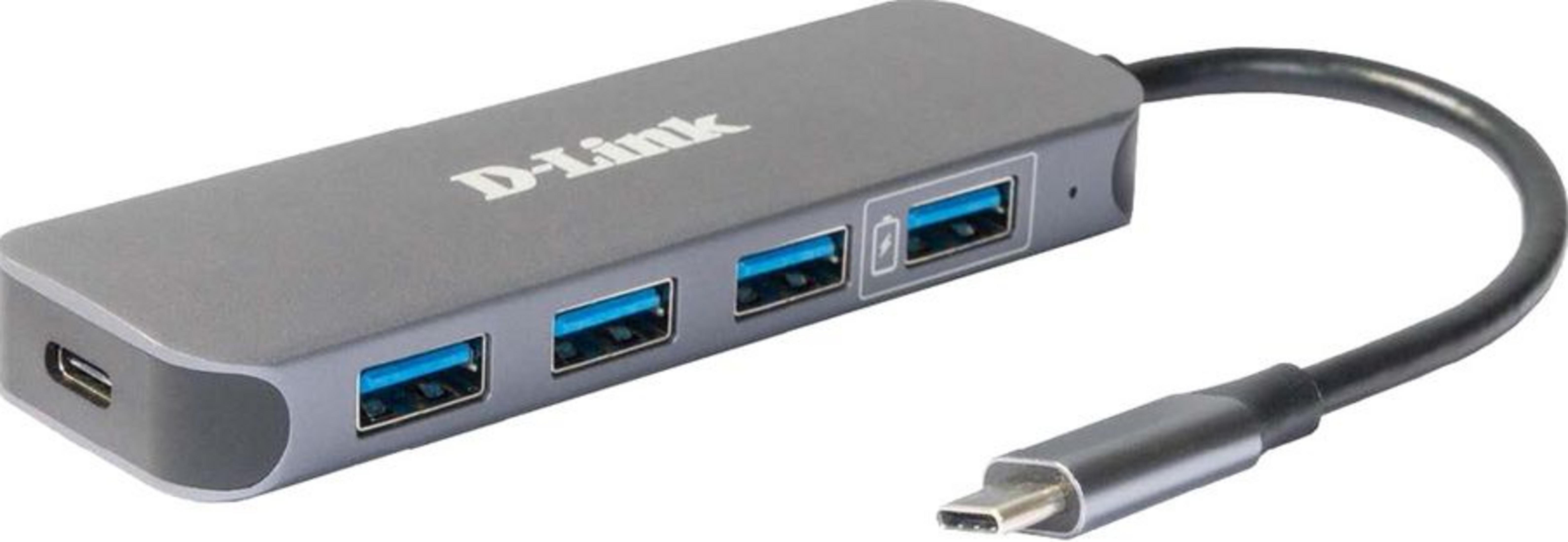 Hub USB-C D-Link grigio con tre porte USB-A e una porta USB-C.