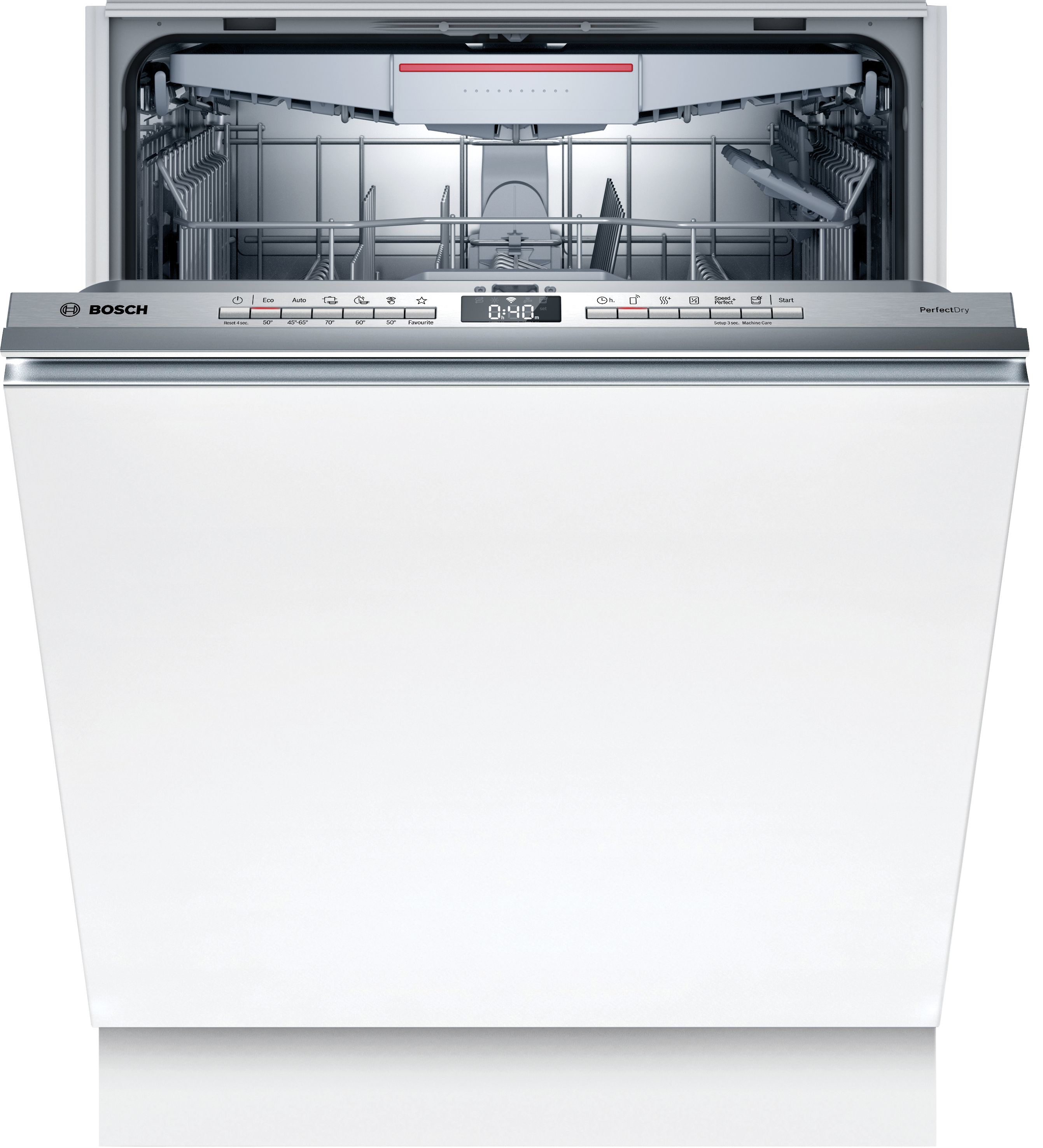 Una lavastoviglie Bosch bianca aperta con pannello di controllo argento e display LED.