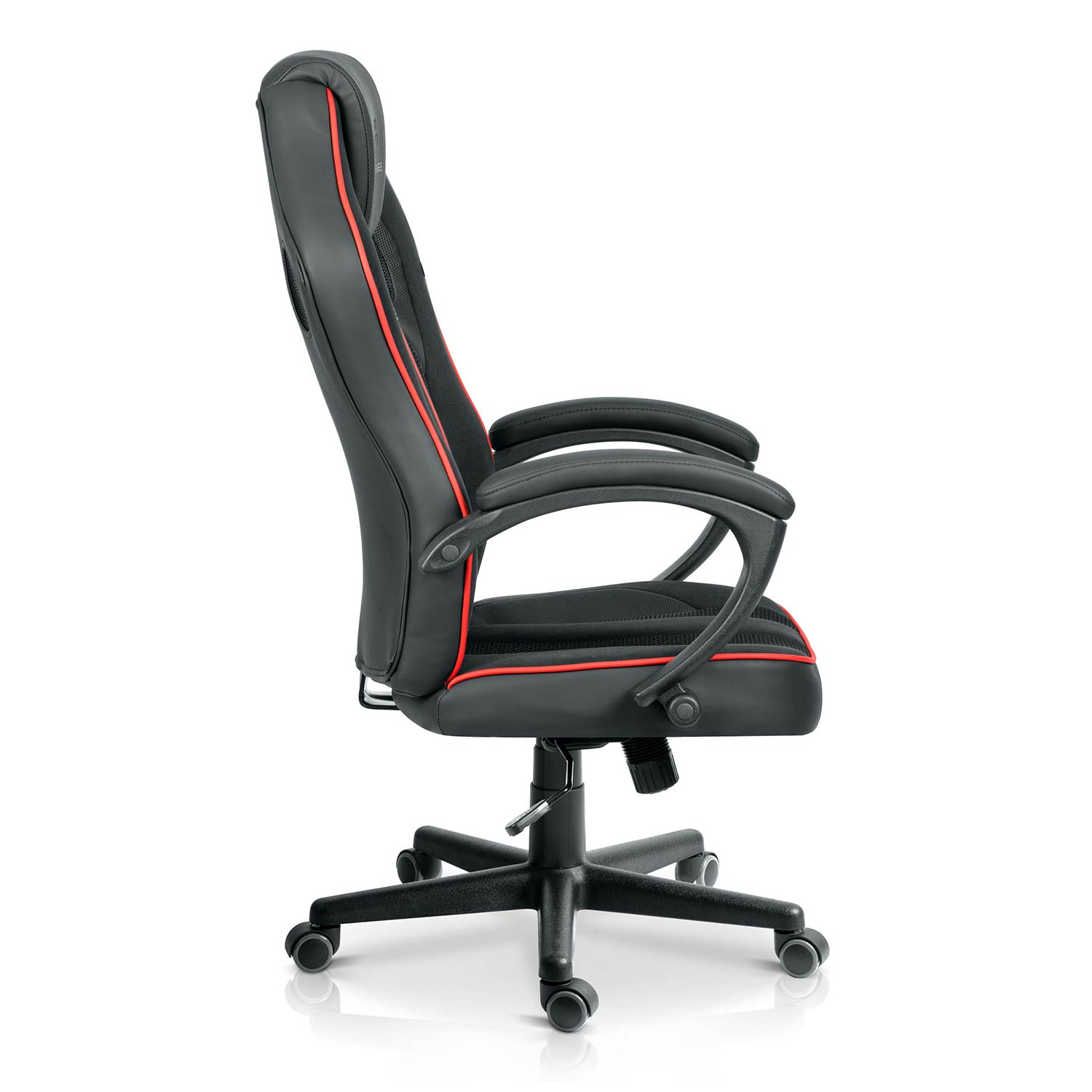 Czarny fotel biurowy z czerwonymi akcentami i pięcioma kółkami.