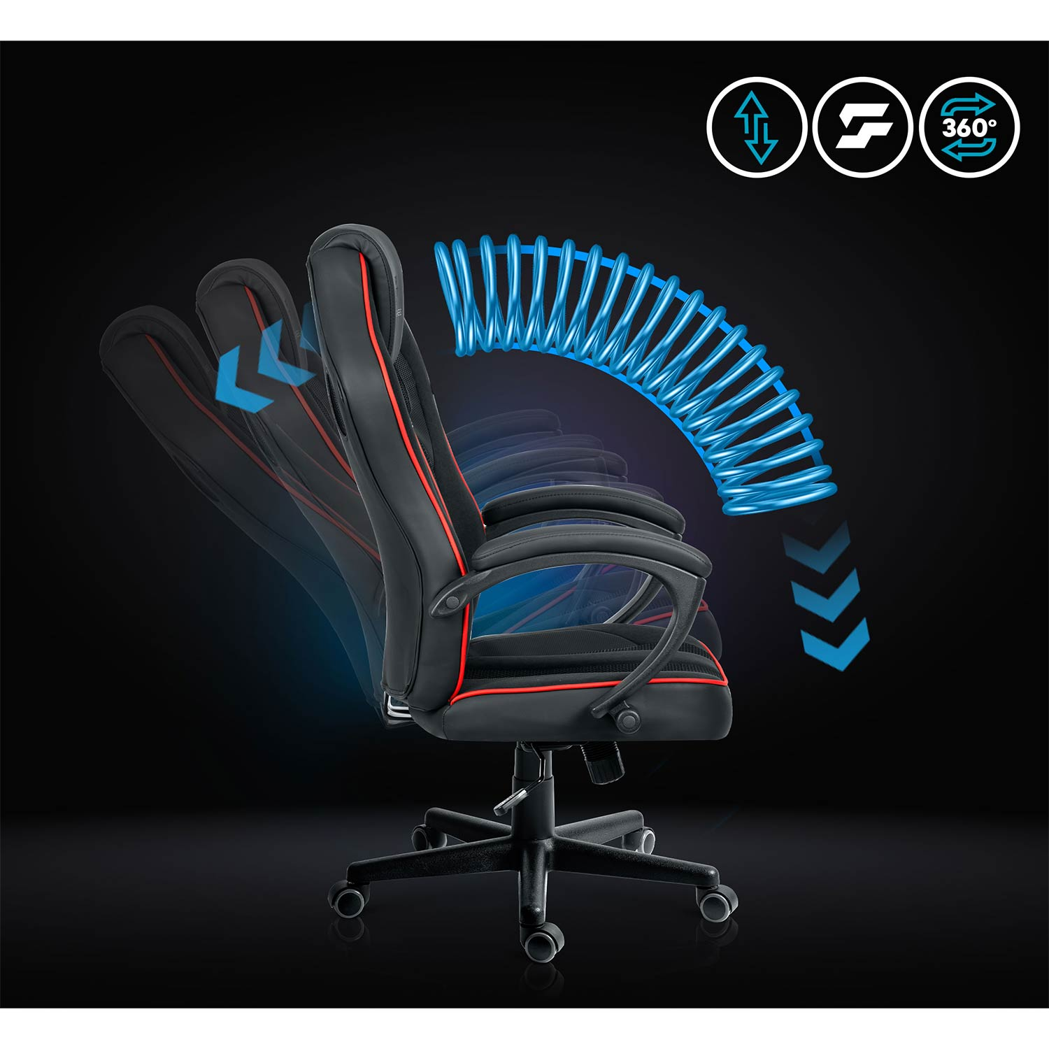 Czarny fotel gamingowy z czerwonymi akcentami, regulowane oparcie, grafika niebieskiej sprężyny.