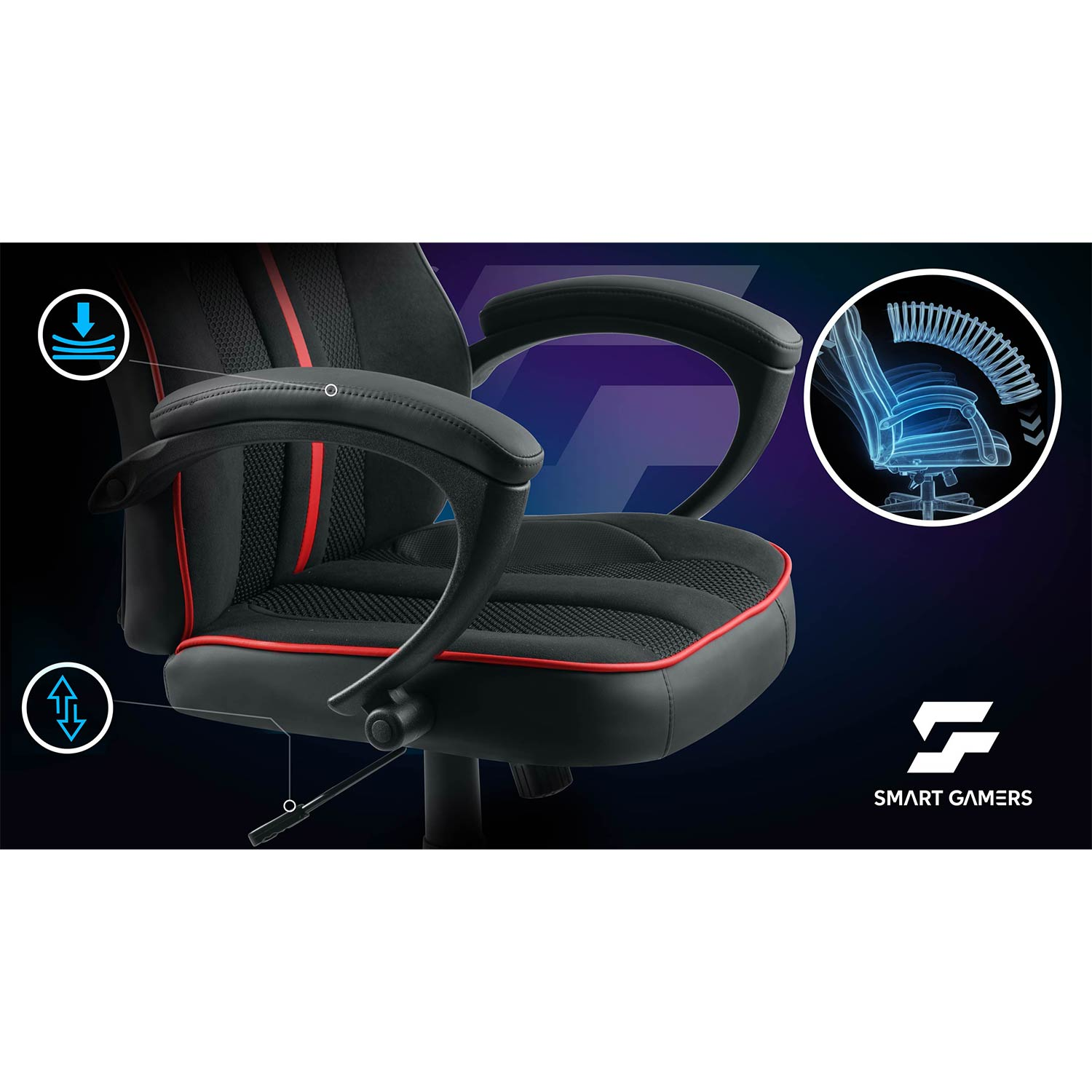 Czarny fotel gamingowy z czerwonymi akcentami i ikonami regulacji.