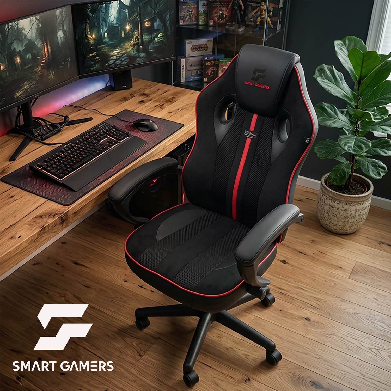 Czarny fotel gamingowy z czerwonymi akcentami na drewnianym biurku z dwoma monitorami.