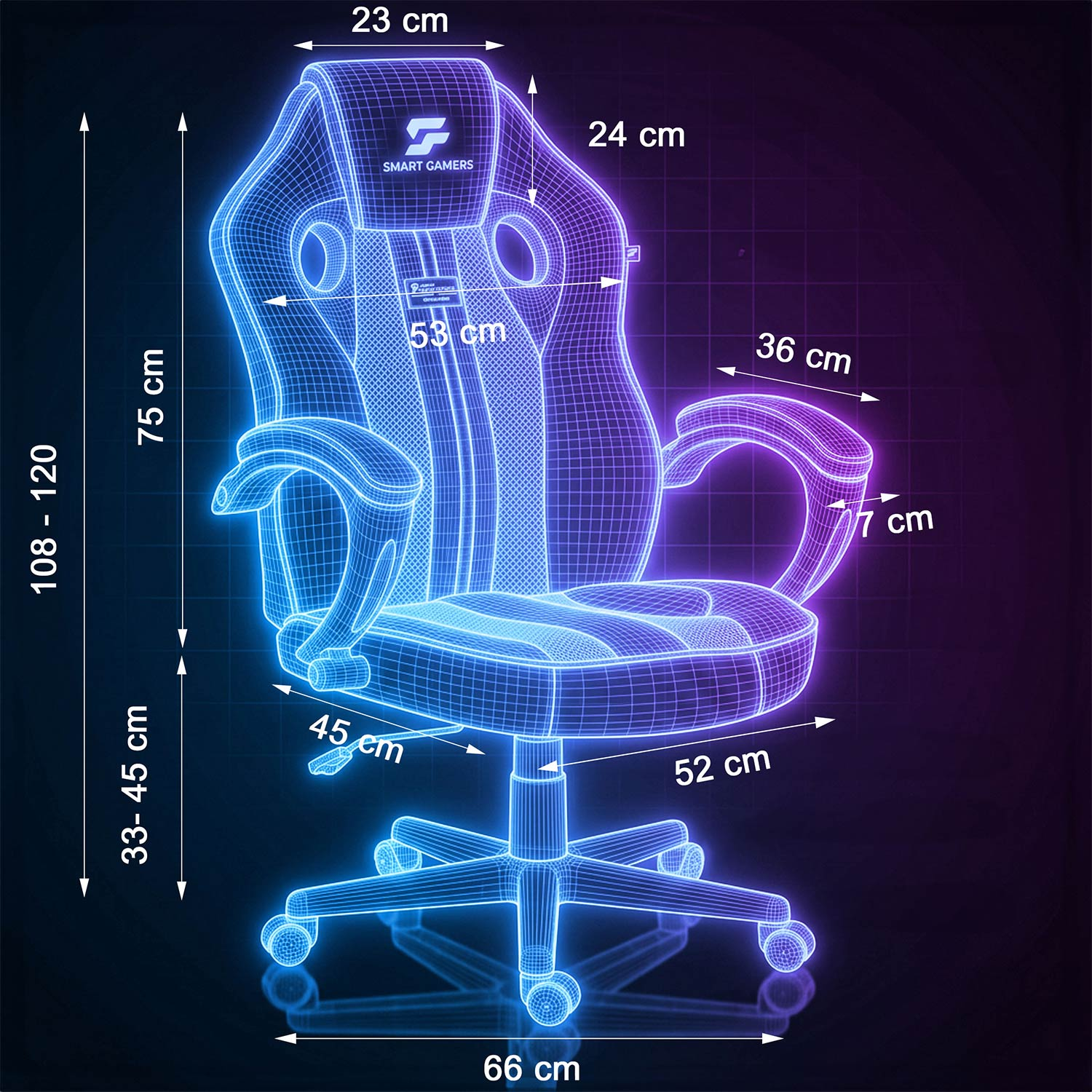 Schematyczny rysunek krzesła gamingowego z wymiarami w cm.