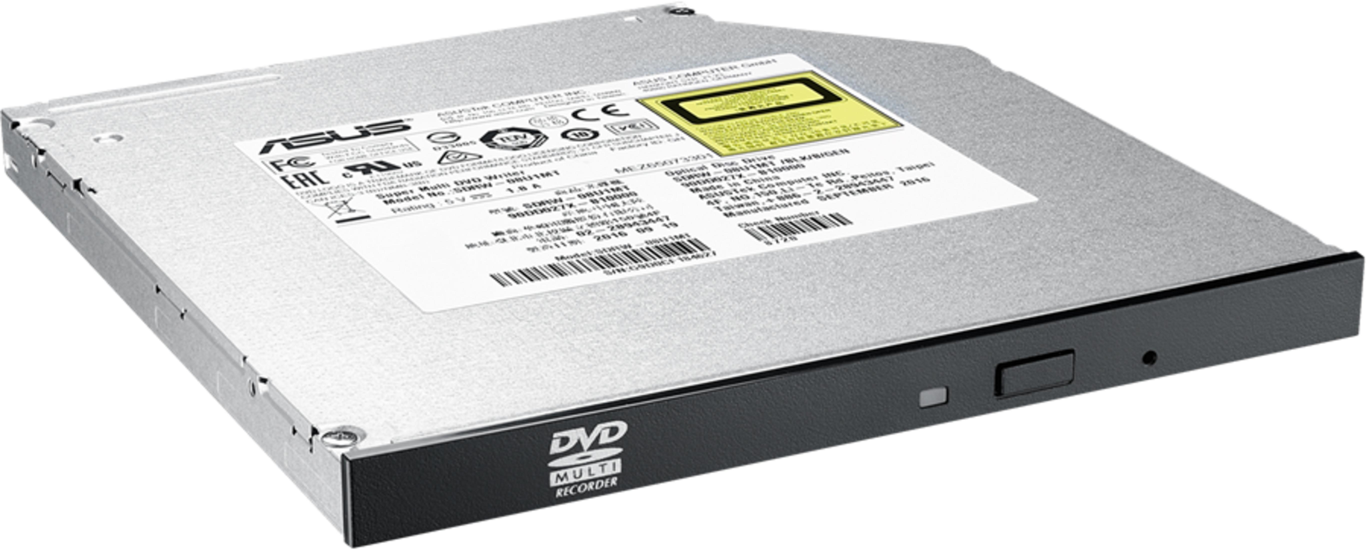 Srebrny napęd DVD Asus Super Multi z czarnym panelem czołowym i etykietami.