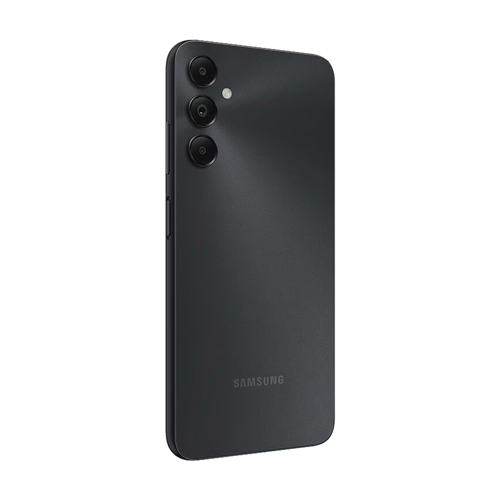 Dunkelgraues Smartphone mit drei Kameras und Samsung-Logo auf der Rückseite.