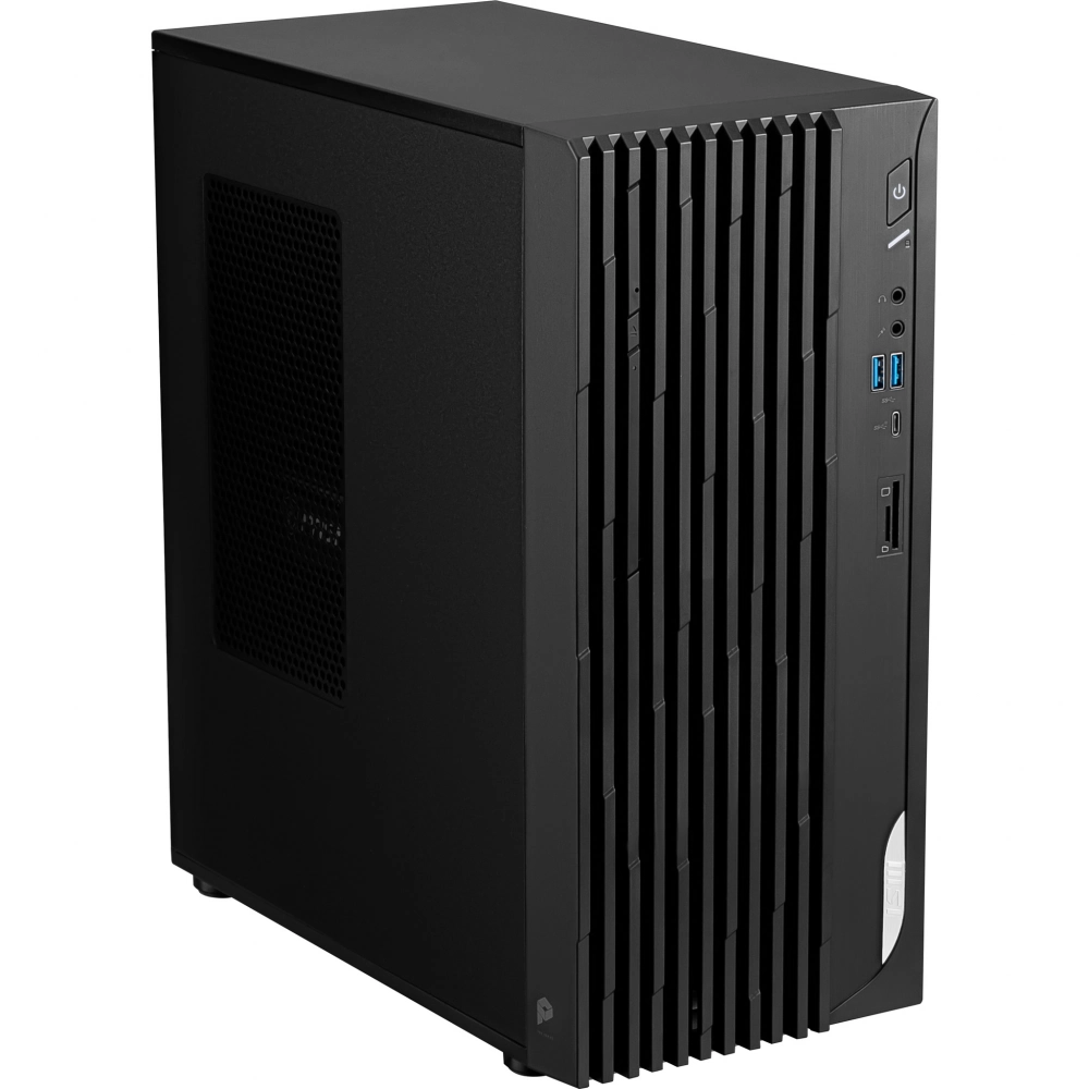 A black computer case with vertical slats on the front and USB ports.