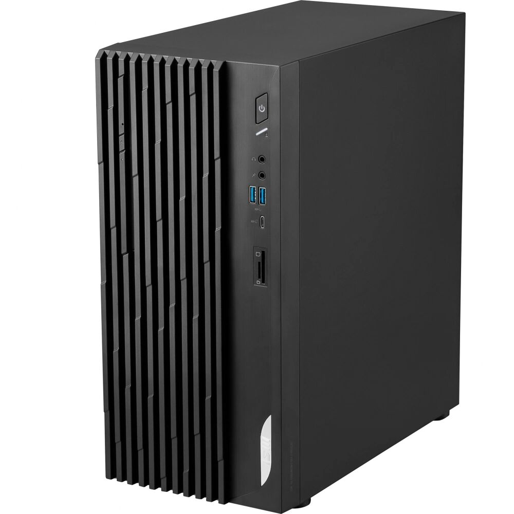 A black computer tower with vertical vents on the left and ports on the right.
