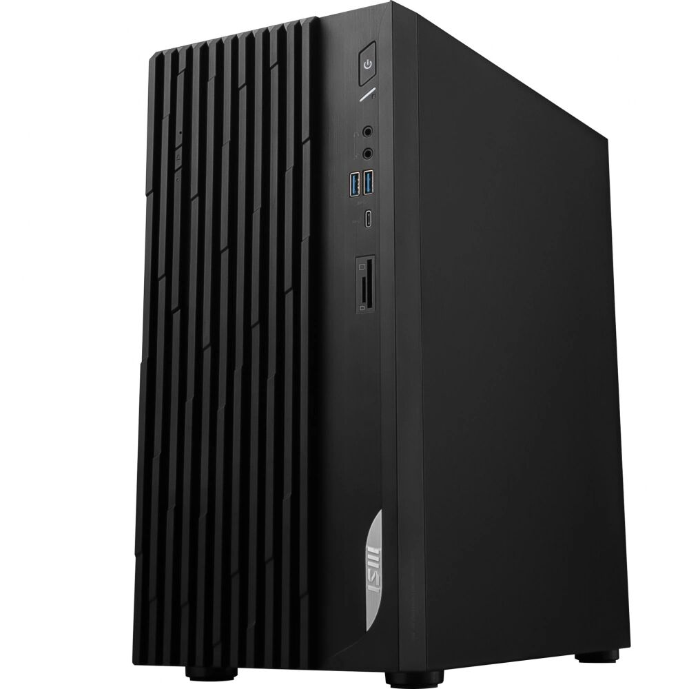 Black PC tower with vertical vents and front panel ports.