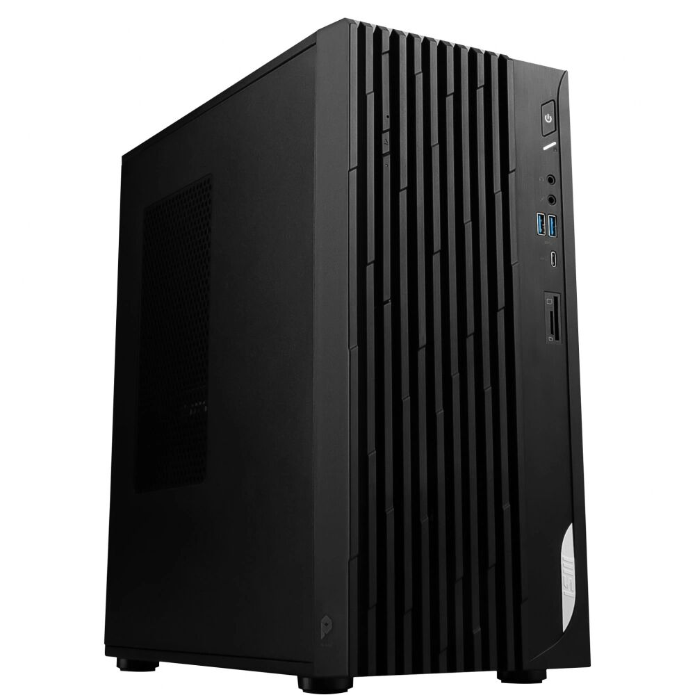 Black computer case with vertical vents and ports.