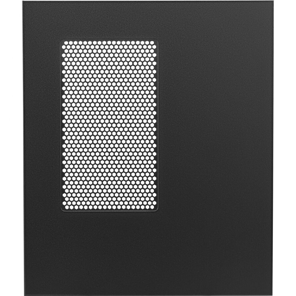 Black computer case side panel with a rectangular metallic mesh vent.