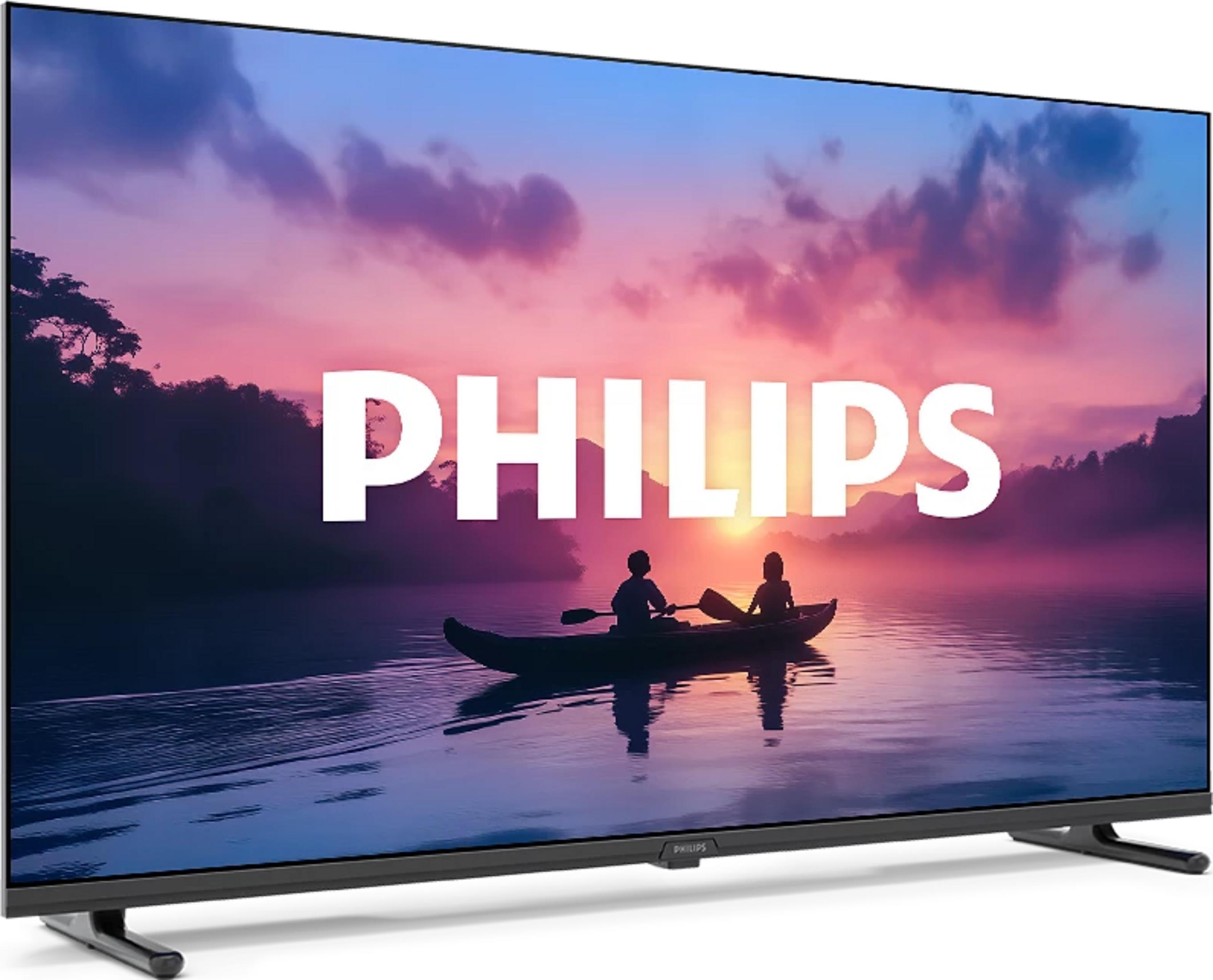 Telewizor Philips wyświetla scenę dwóch osób w kajaku o zachodzie słońca.