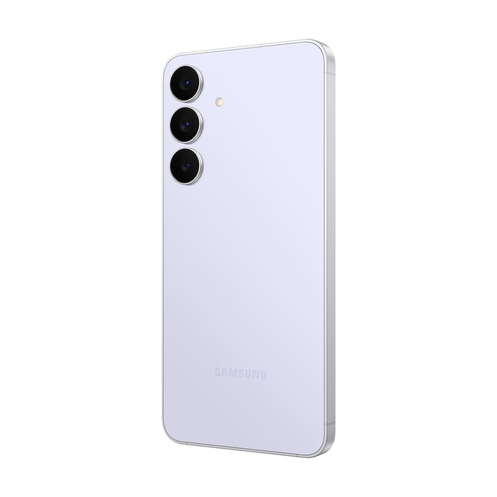 Ein hellviolettes Samsung-Handy, das von der Seite drei rückseitige Kameras und das Logo zeigt.