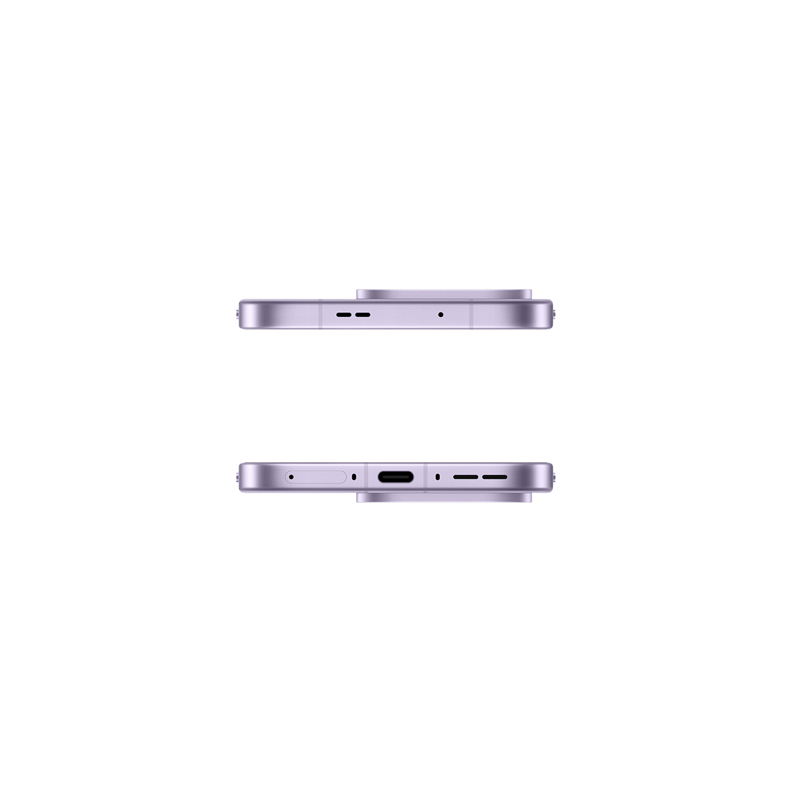 Zwei Ansichten eines lila Smartphones, Seitenansicht oben und unten mit Anschlüssen.