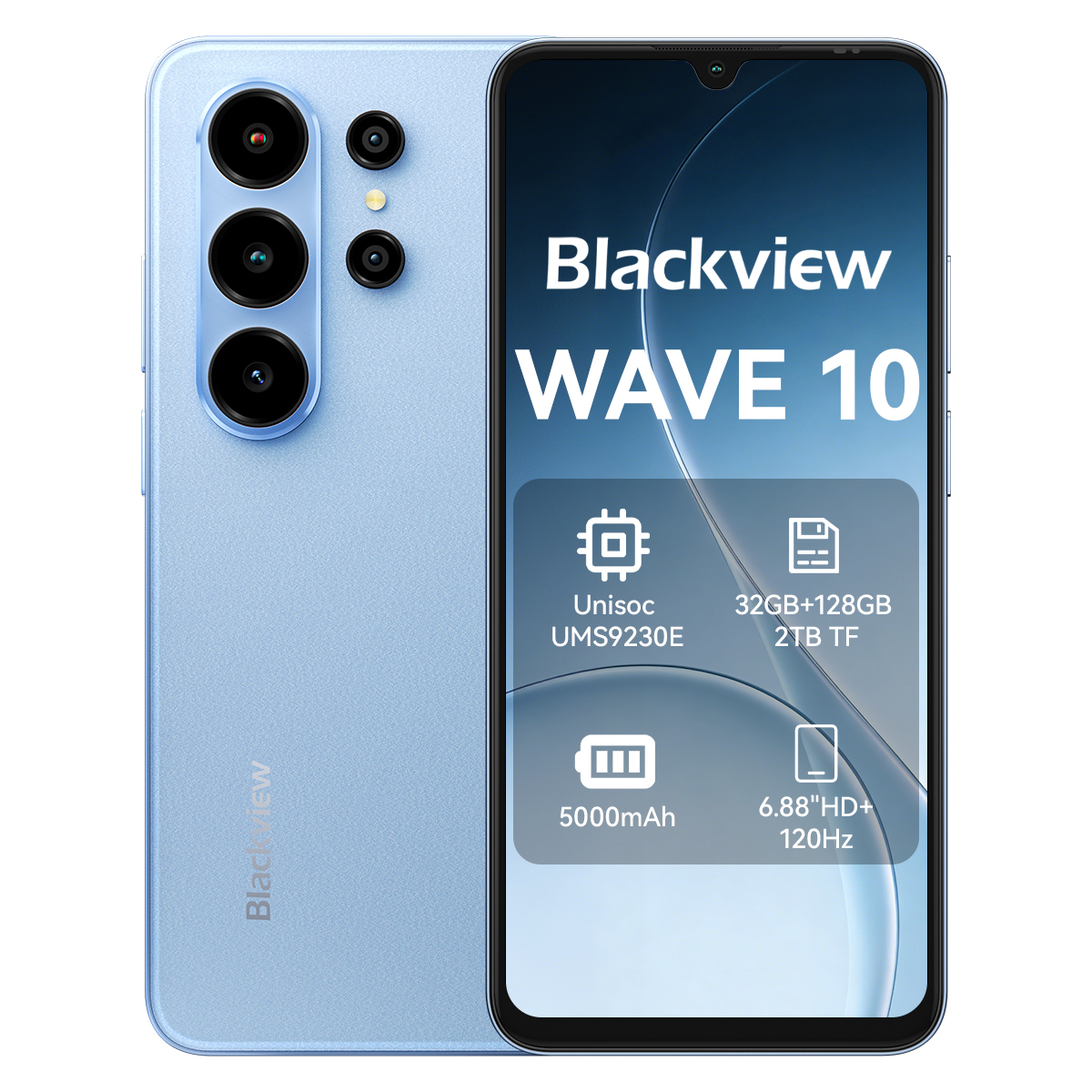 Teléfono Blackview WAVE 10 azul claro con triple cámara y especificaciones en pantalla.
